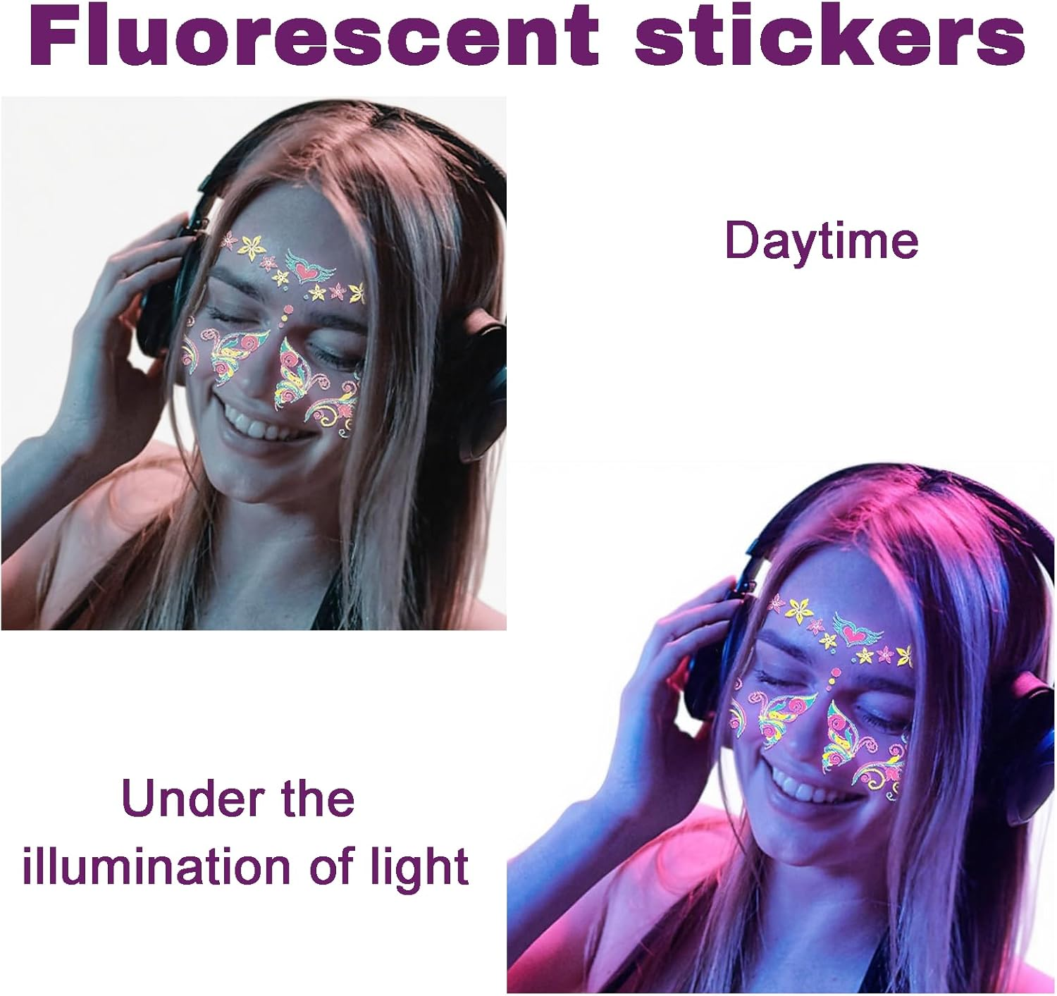 Glow in the Dark Fake Tattoos Stickers, UV Blacklight Neon Temporary Tattoos Stickers, UV Neon Fluorescence Waterproof Makeup Accessory Party Supplies for Adult Girls Women at Glow Party, Rave Festival, 8 PCS image number 3