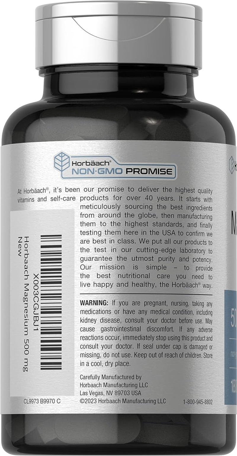 Magnesium 500Mg | 180 Caplets | as Magnesium Oxide | Vegetarian, Non-Gmo, and Gluten Free Supplement | by Horbaach image number 2
