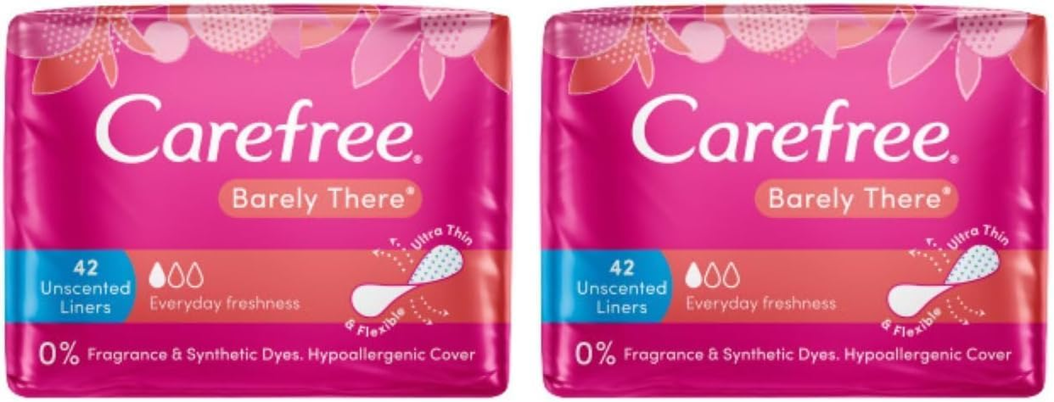 Carefree Barely There Unscented Panty Liners 42 Pack |Breathable| Feels Soft & Thin| Highly Flexible