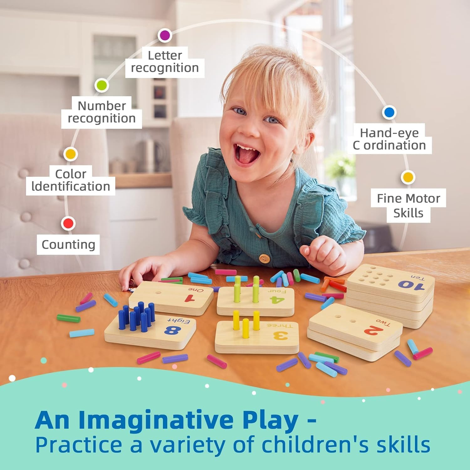 Peg Board Toddler Toys, Montessori Number Counting Blocks Toys with 55 Pegs, Wooden Math Manipulatives, Montessori Math and Numbers, for Kids and Kindergarten Learning Activities image number 3