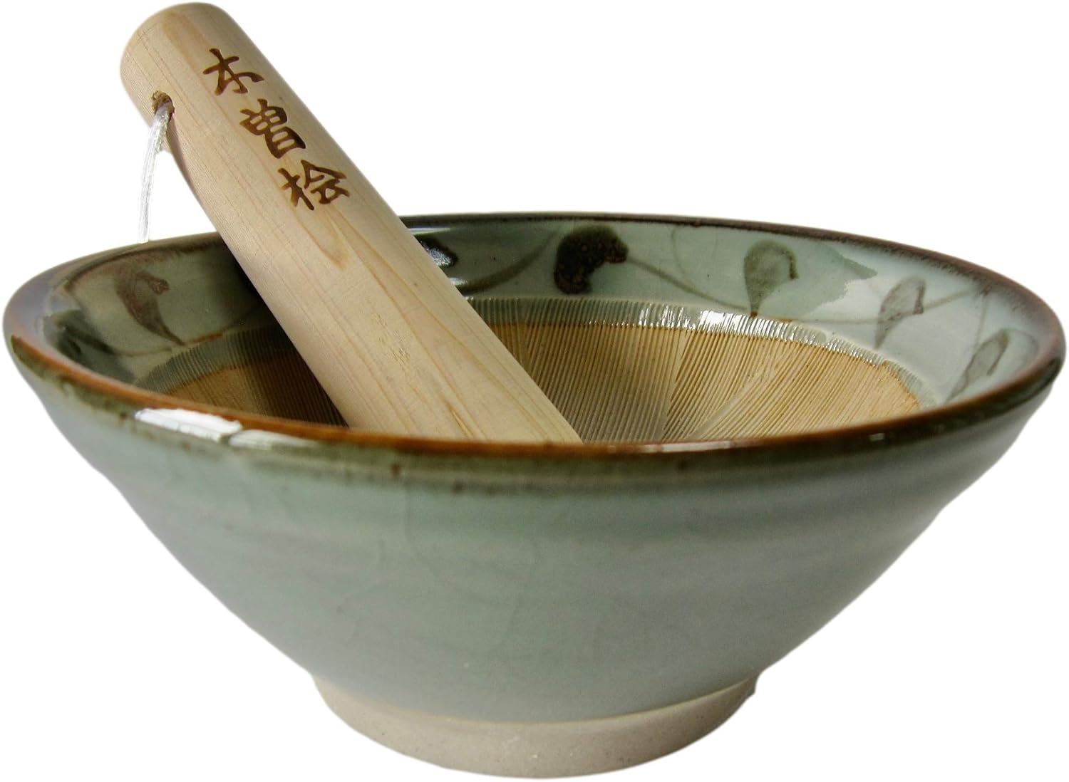 Made in Japan Mortar & Pestle (Suribachi & Surikogi) Set Authentic Mino Ware Pottery, Small 5.98 Inches, Pale Blue-Green with Arabesque Pattern, M882-50 image number 3