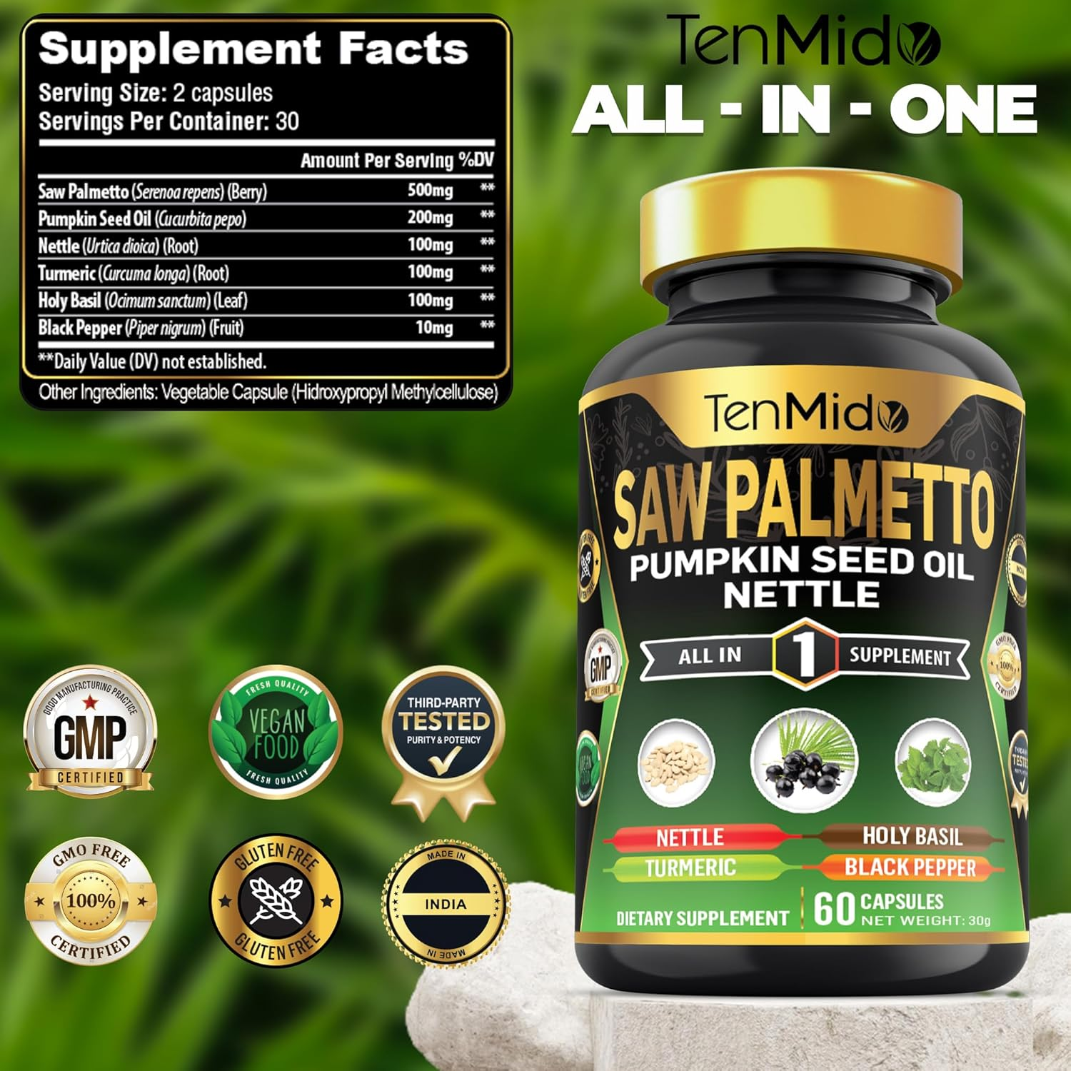 Saw Palmetto Supplement - 6In1 Blend with Pumpkin Seed Oil, Stinging Nettle, Turmeric, Holy Basil & Black Pepper - 60 Vegan & Non-Gmo Capsules image number 2