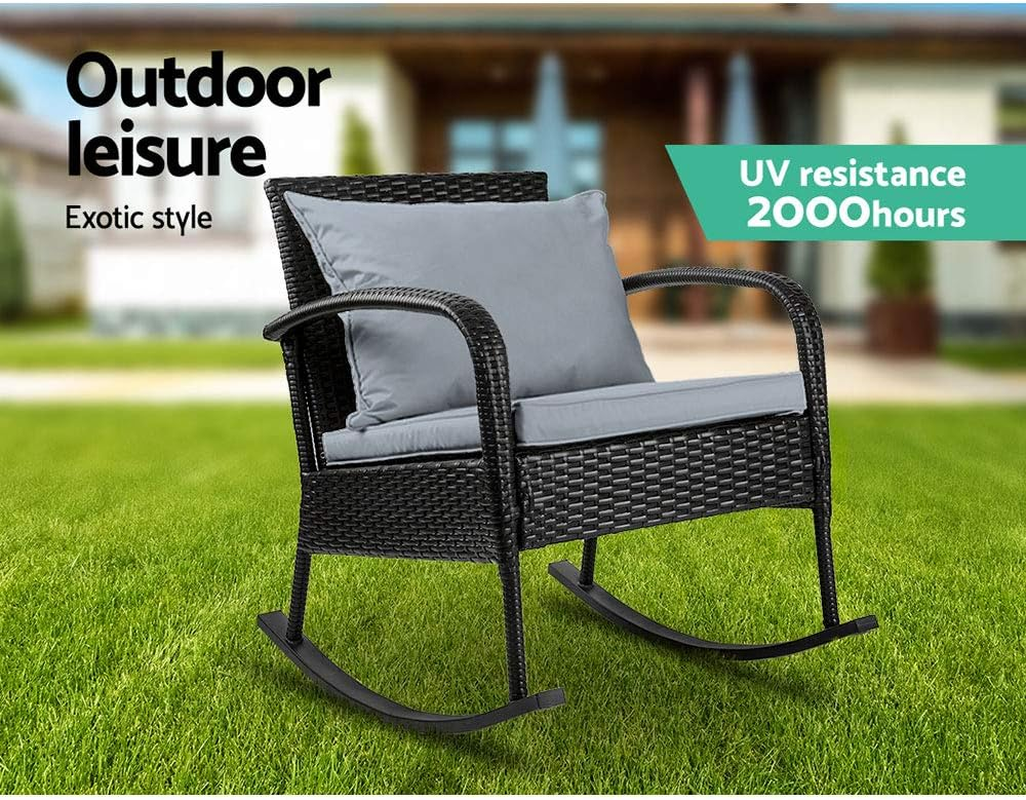 Gardeon Outdoor Rocking Chair Wicker Reclining Recliner, Patio Furniture Lounge Setting Conversation Set Backyard Garden Porch Indoor Pool, with Cushions Armrest Blackrest All-Weather image number 1