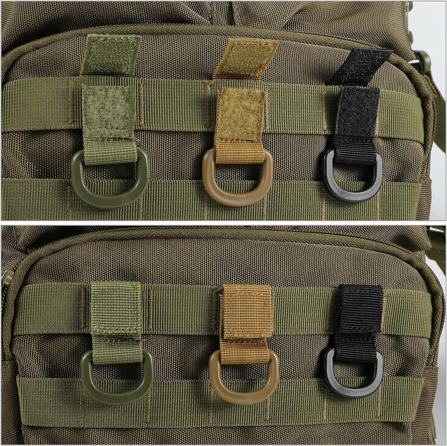 Tactical D-Ring Clip with Hook & Loop for Backpack Accessories Kettle Key Holder, Military D-Ring Adaptor for Molle Bags Webbing Attachment Strap