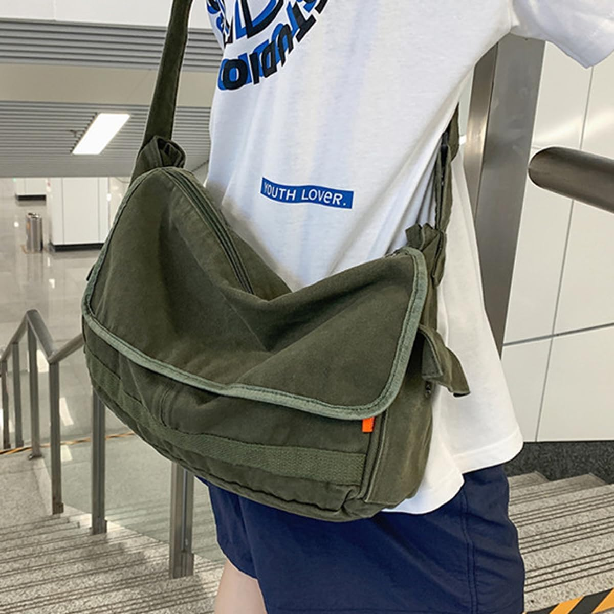 AIMALL Canvas Messenger Bag for Men and Women, 14.9 X 10.23 X 4.72 Inches, Durable Crossbody Shoulder Bag with Adjustable Strap and Multiple Compartments, Green image number 4