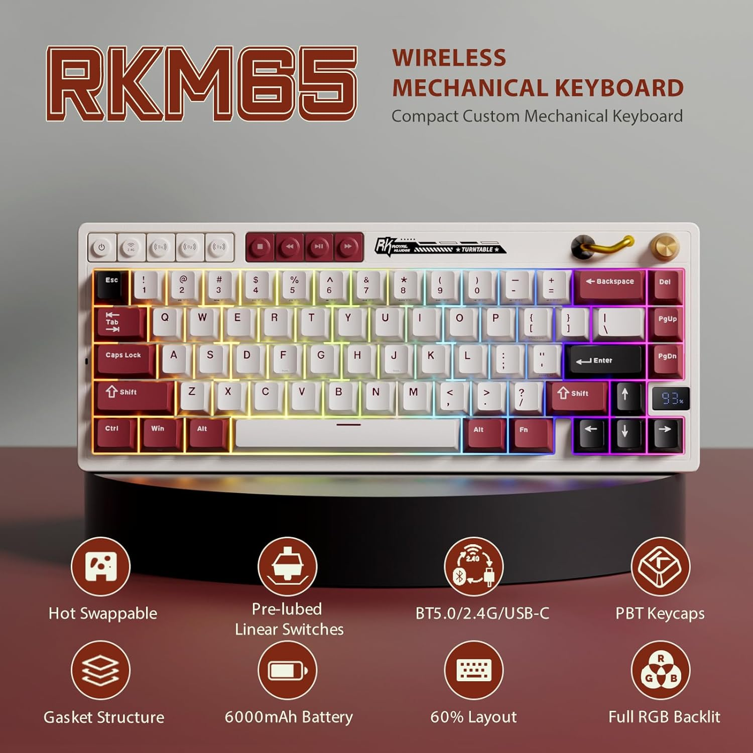 RK ROYAL KLUDGE M65 Wireless Mechanical Keyboard with Volume Knob, Tri-Mode 2.4G/USB-C/BT Gasket Mounted 60% Gaming Keyboard with 66Keys, PBT Keycaps, QMK/VIA, Hot Swappable Beige Switch, Red