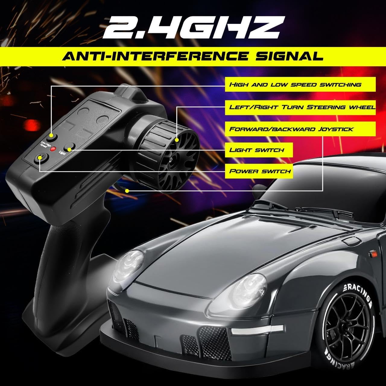 Yakts Premium RC Drift Car, 1:24 Remote Control Car with LED Lights, 20KM/H 4WD High Speed RC Car, Two Batteries, Extra Drifting Tires, Enjoyment Vehicle for Adults Boys Girls and Kids image number 1