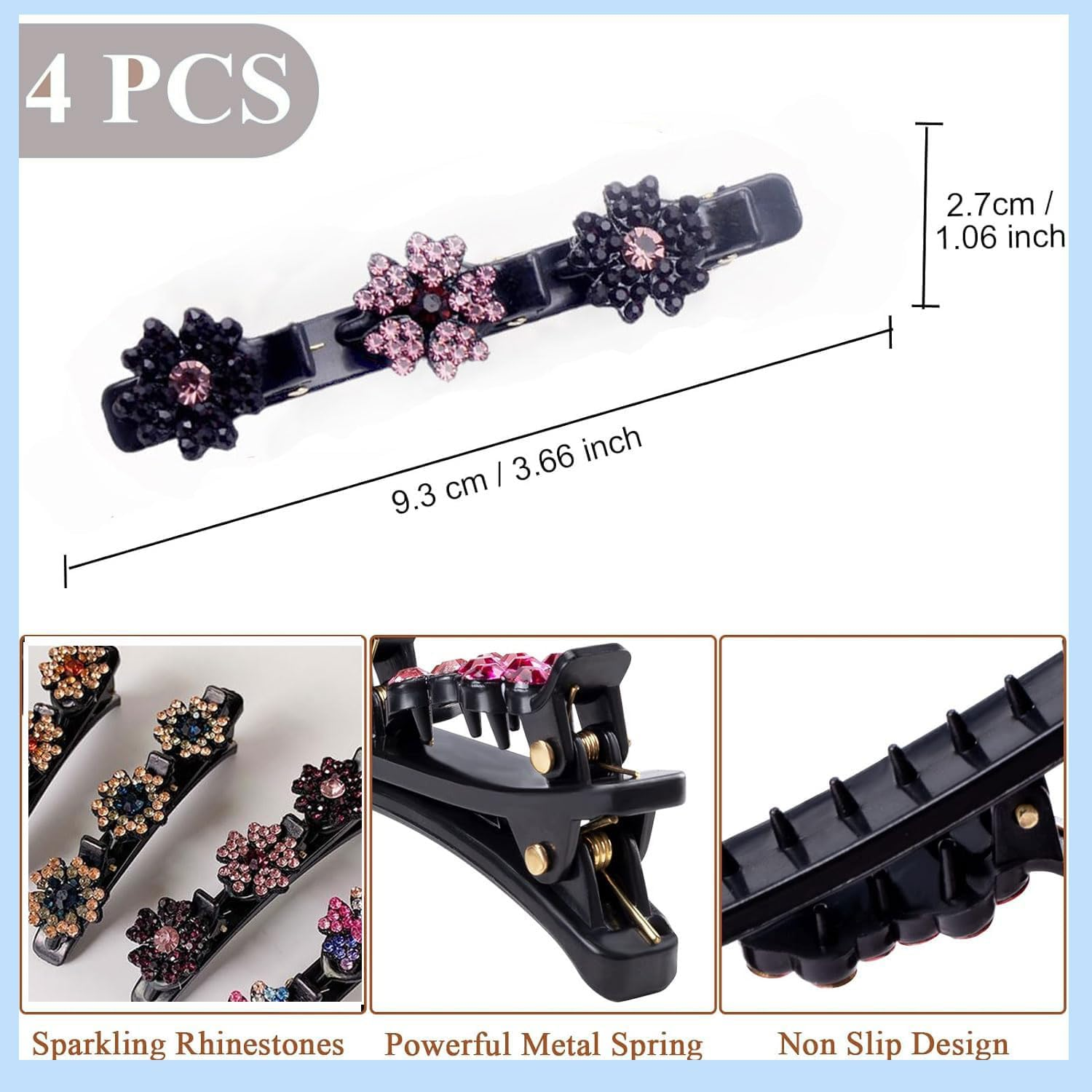 Pack of 4 Women'S Hair Clips, Crystal Hair Clips, Braided Rhinestone Hair Clips, Double Layer Hair Clips with 3 Small Clips for Women and Girls, Daily, Party, Wedding (Colour3) image number 4