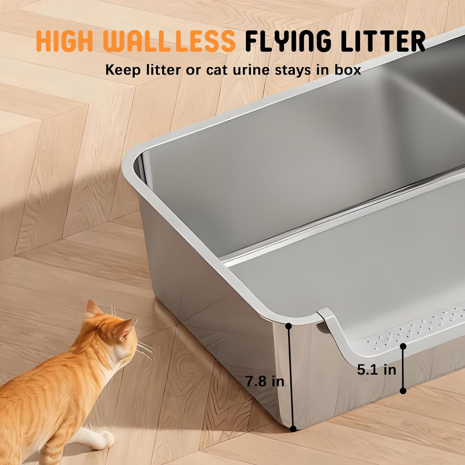 Towntime Stainless Steel Litter Box with High Sides,23.60" L X 15.7" W X 7.8" H,Extra Large Jumbo Cat Litter Box,Xl Kitty Metal Liter Box for Indoor Big Cats,Non-Sticky,Anti-Leakage(Left Entry) image number 1