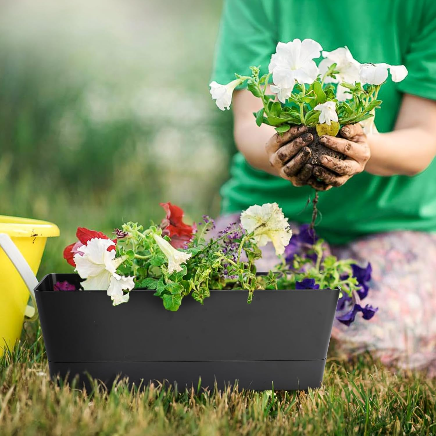 Black Rectangle Window Boxes, Greaner 3 Pack 12X3.8 Inch Herb Planters with Tray, Indoor Succulent Cactus Mint Plastic Pot for Windowsill, Garden Balcony, Office Outdoor Decoration image number 6