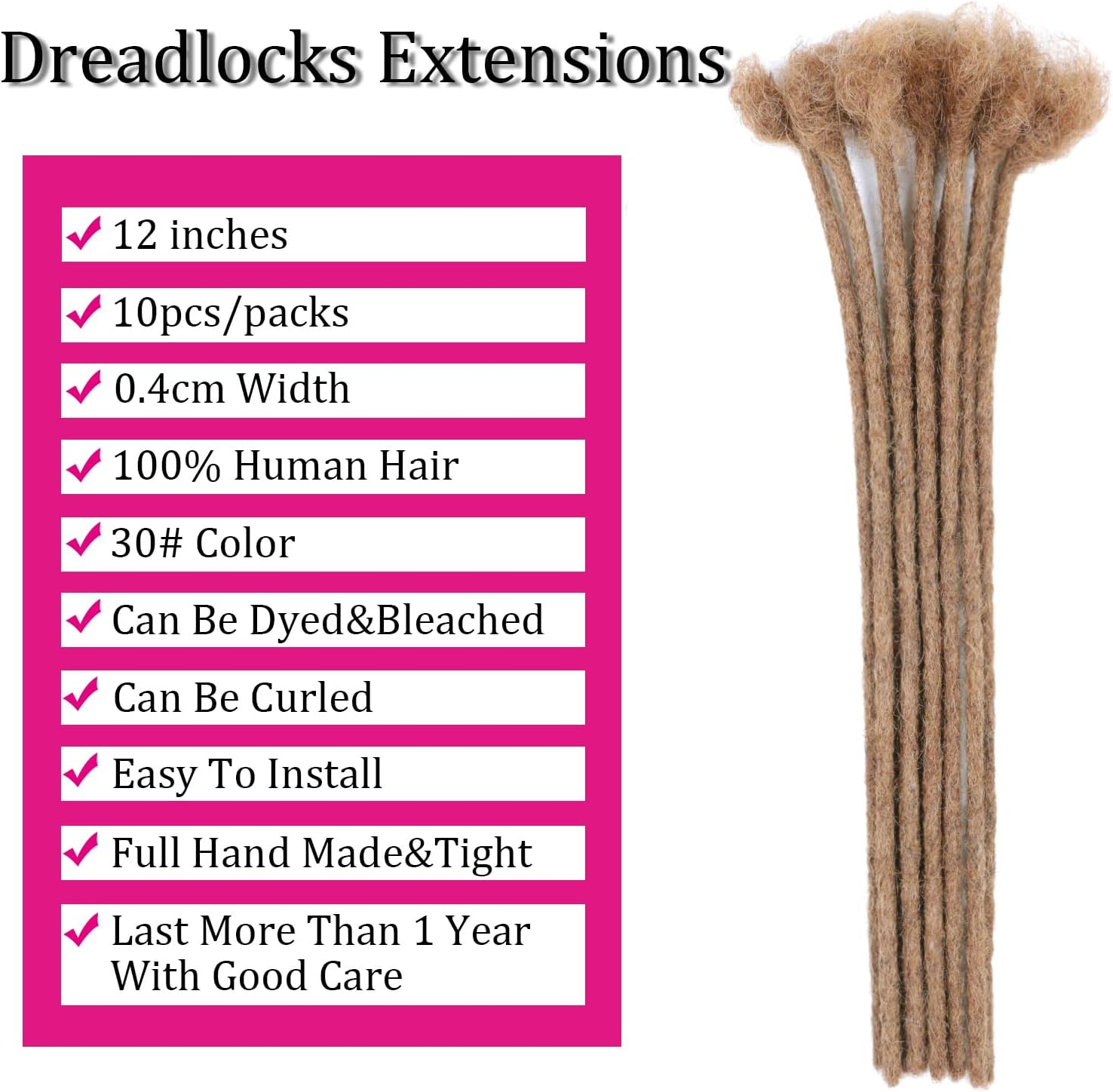 Huarisi 12 Inch Human Hair Dreadlocks Extensions for Black Women Pre-Colored Afro Kinky 10 Strands 0.4Cm Brown Real Hair Handmade Loc Extensions Permanent for Men Color 30 Will Not Fade image number 4