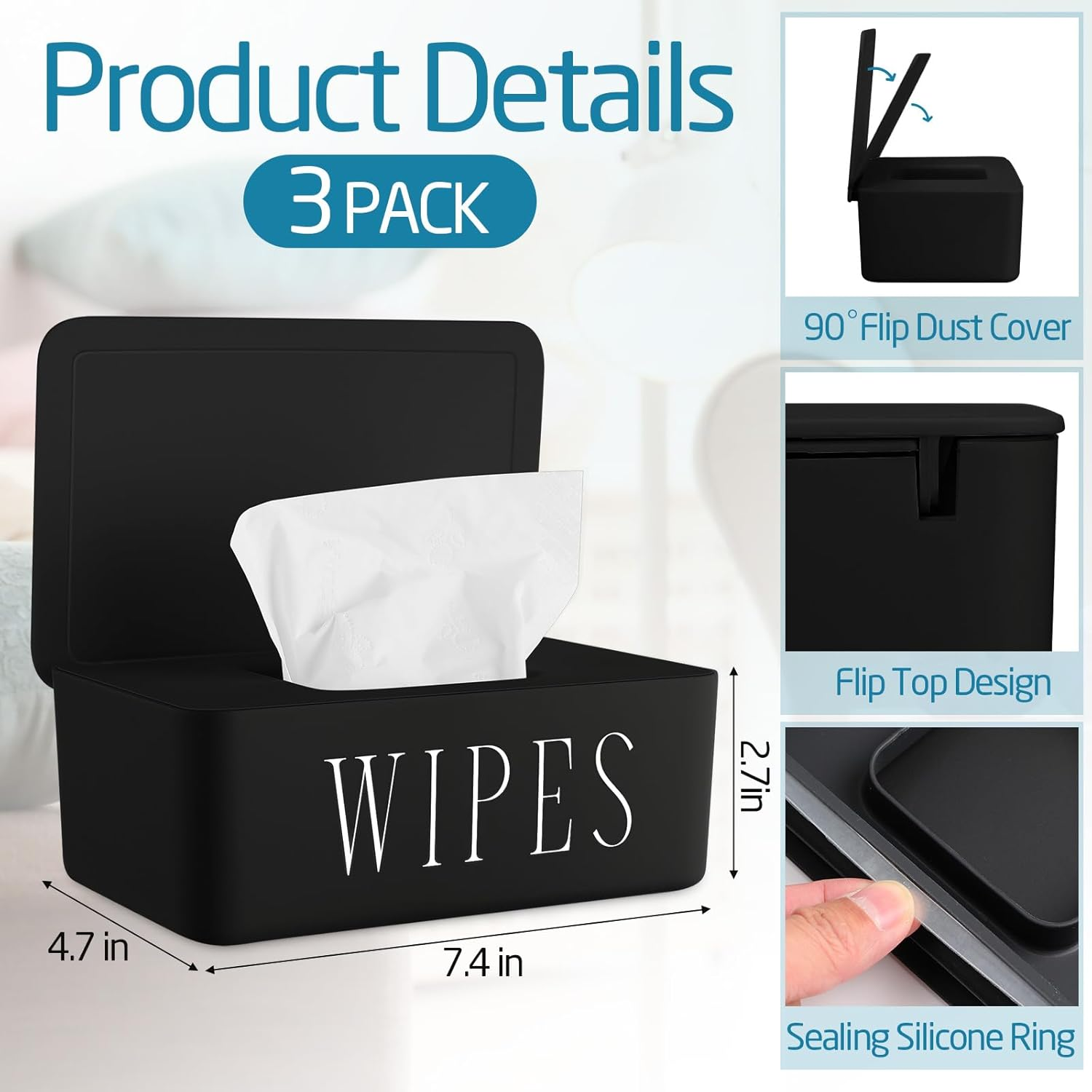 3 Pack Baby Wipes Dispenser Holder Wipe Container for Bathroom with Lid Toilet Tissue Paper Storage Refillable Box for Home Office Cars(Small,Black) image number 2