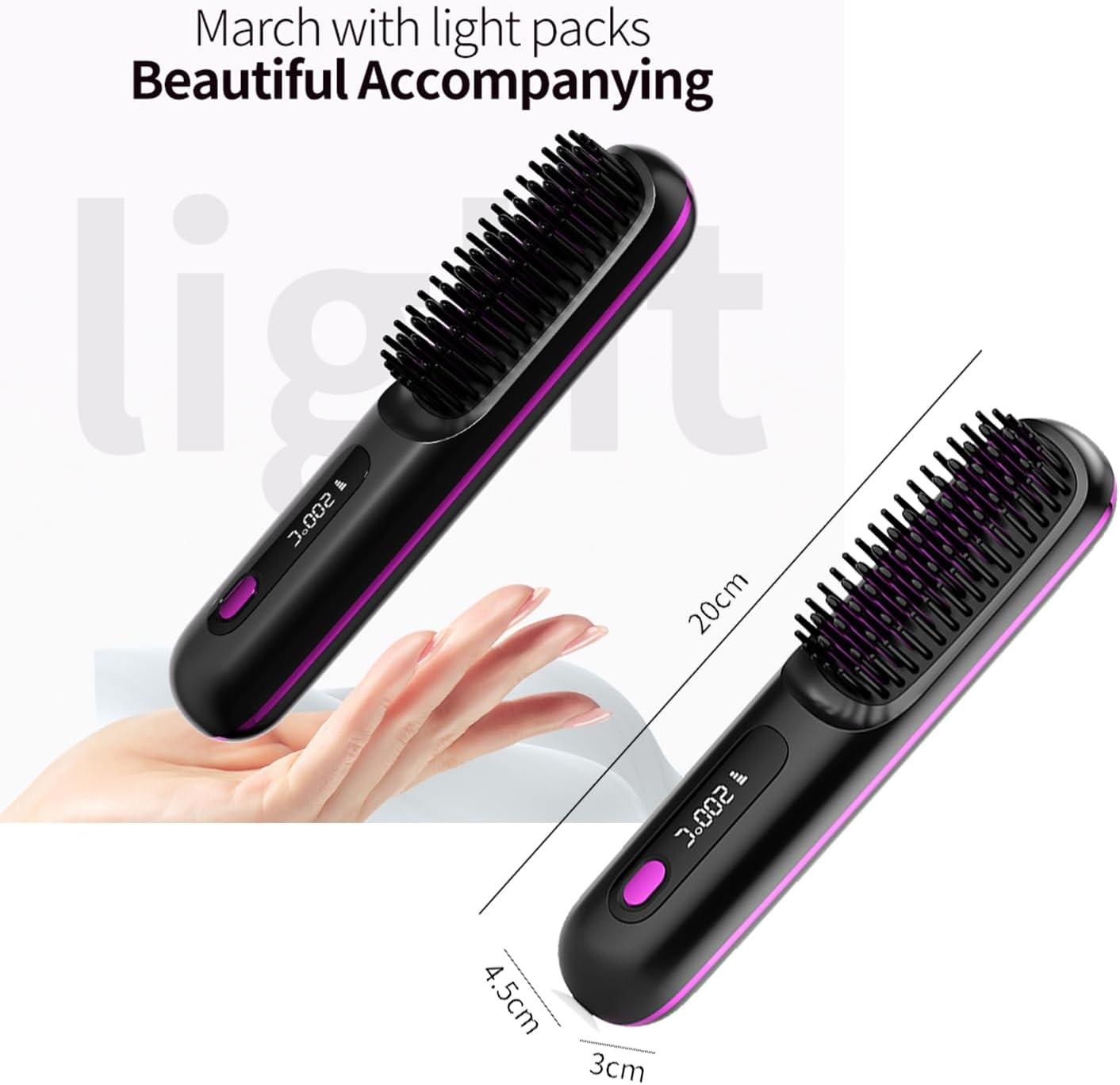 Cordless Hair Straightening Brush with LCD Display 160-200&deg;C Constant Temperature 20S Fast Heaning Type-C Interface Long Lasting Endurance Light Portable Gifts for Woman Travel (Purple) - Blue image number 7