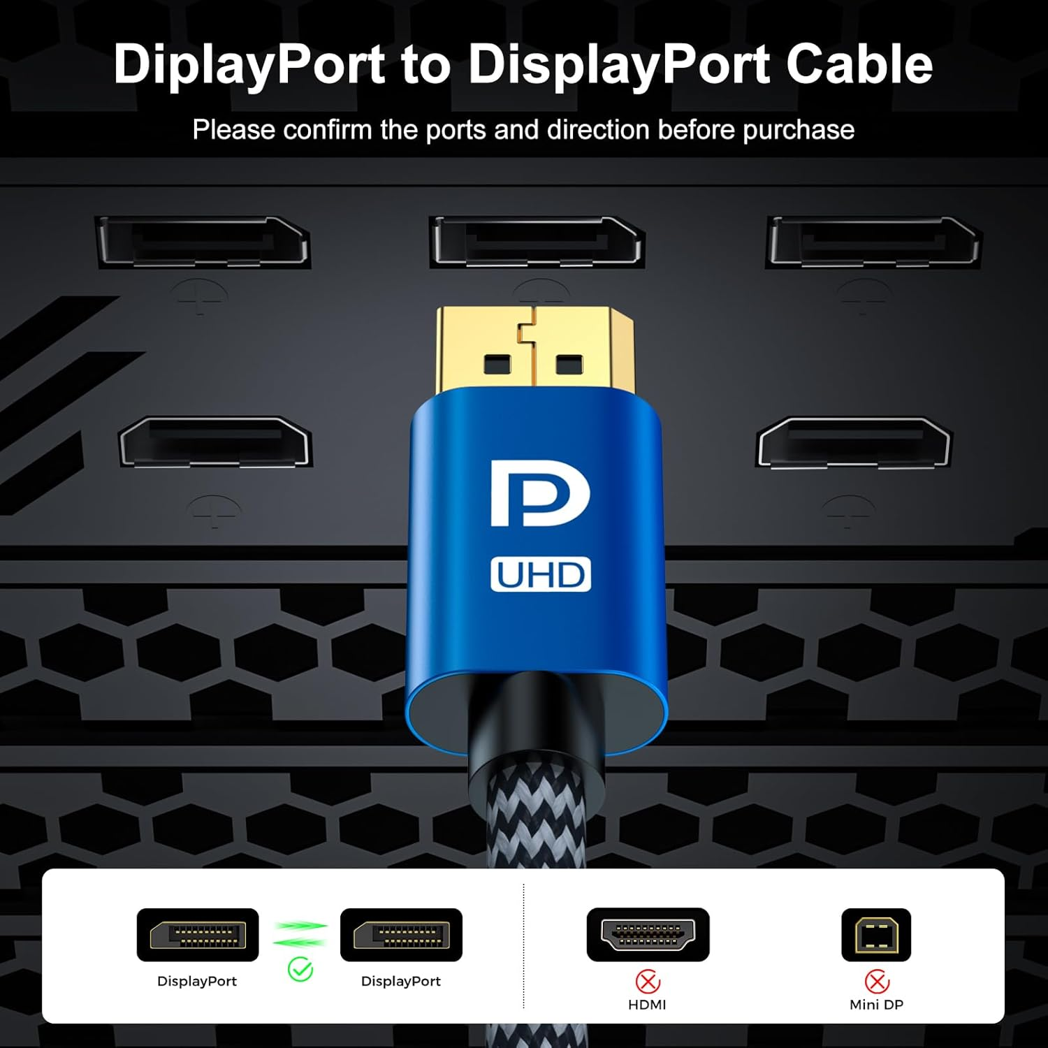 Zazalon Displayport Cable 1.4-8K@60Hz, 4K@144Hz, 2K@240Hz, 32.4Gbps High-Speed,Hdr, HDCP, G-Sync, Freesync - Nylon Braided DP to DP Cord for Gaming Monitor,Pc,Tv,Laptop - 2M, Blue image number 4