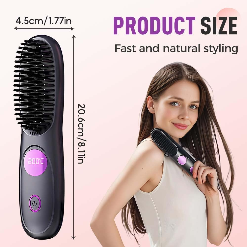 Go Brush Pro, Cordless Hair Straightener Brush, Portable Mini Hair Straightening Brush with 3 Temperature Settings & LED Display, USB Rechargeable Fast Heating Hairs Brush for Travel (Black) image number 4