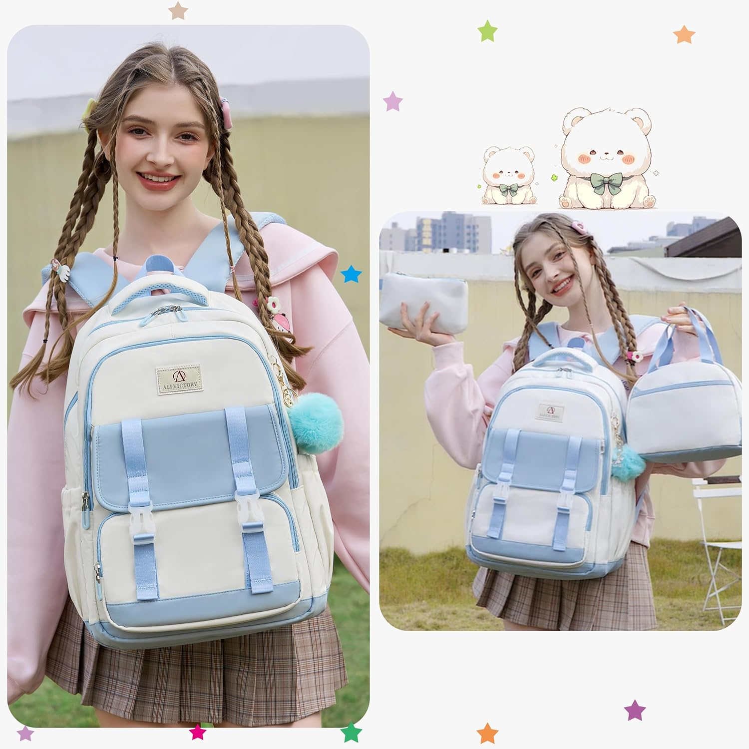 AO ALI VICTORY School Backpack for Teens Girls Women 15.6 Inch Laptop College Travel Work Backpacks Kids Elementary Bookbag - Blue image number 3