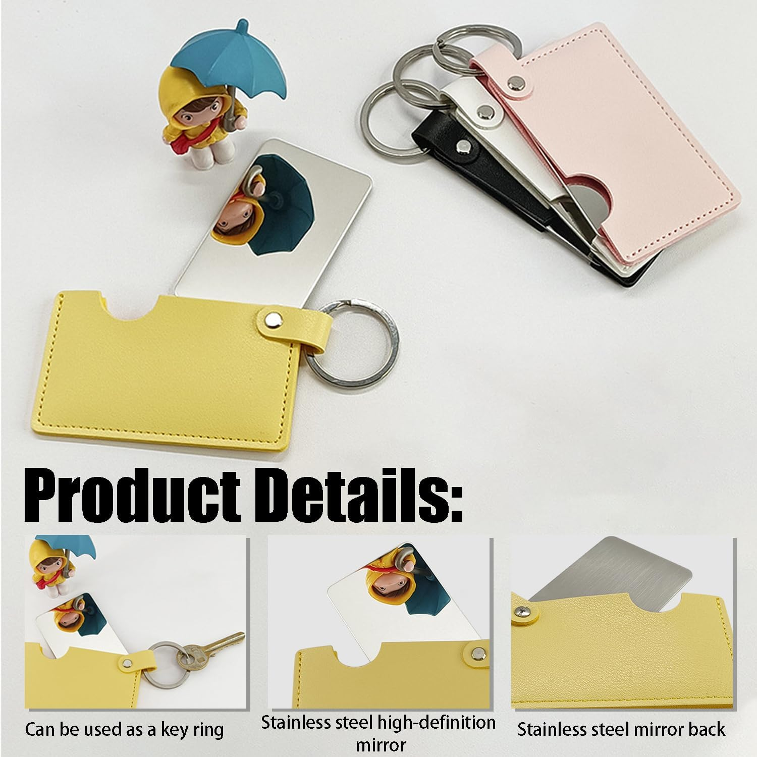 Compact Stainless Steel Mirror with Keychain Mini Handheld Travel Makeup Mirror with PU Leather Case Unbreakable Rectangular Pocket Mirror for Wallet and Purse (White) image number 2