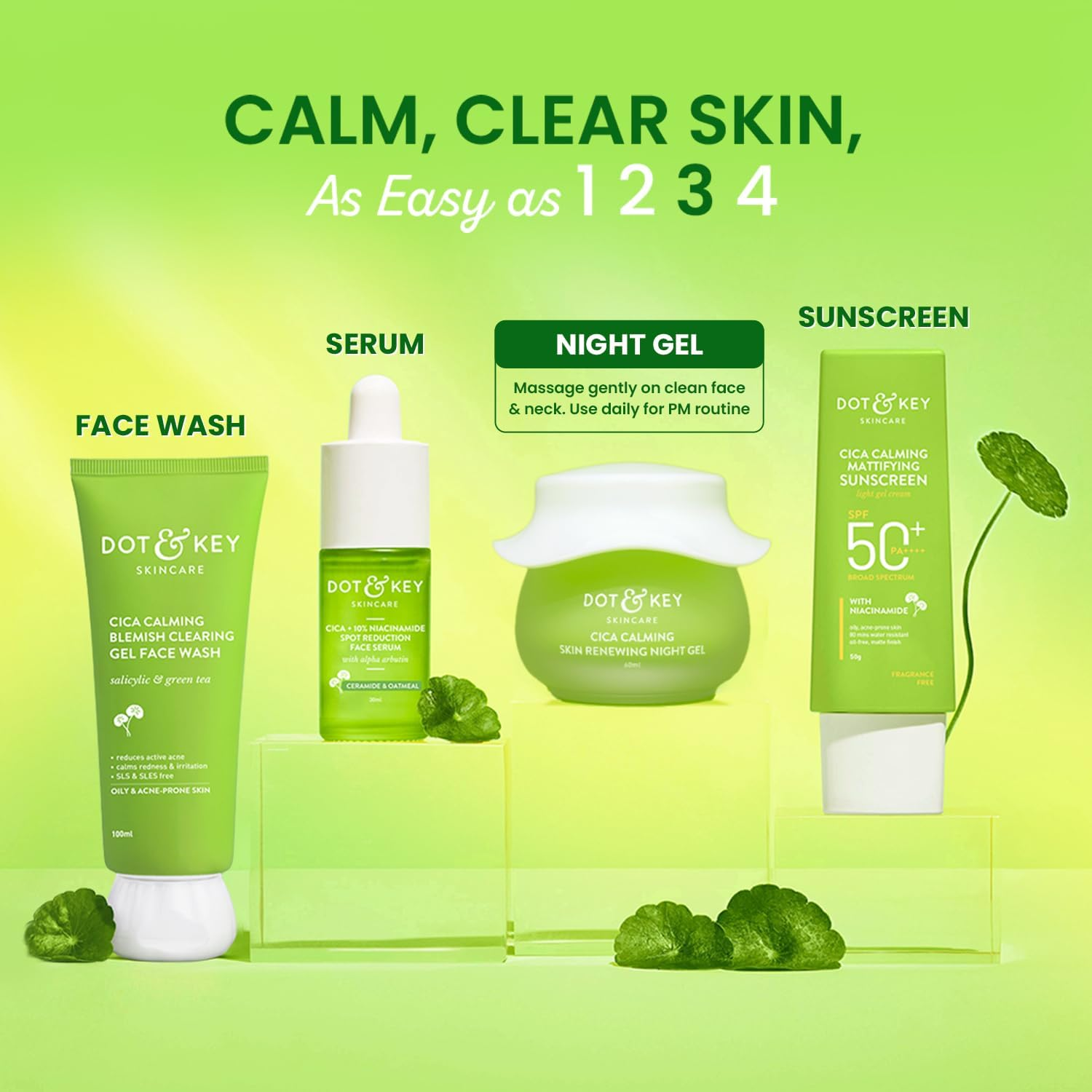 Dot & Key CICA Calming Skin Renewing Night Gel | for Oily, Acne Prone and Sensitive Skin | Night Cream with Niacinamide, Green Tea & Hyaluronic | Fades Blemishes & Dark Spots | 60Ml image number 2