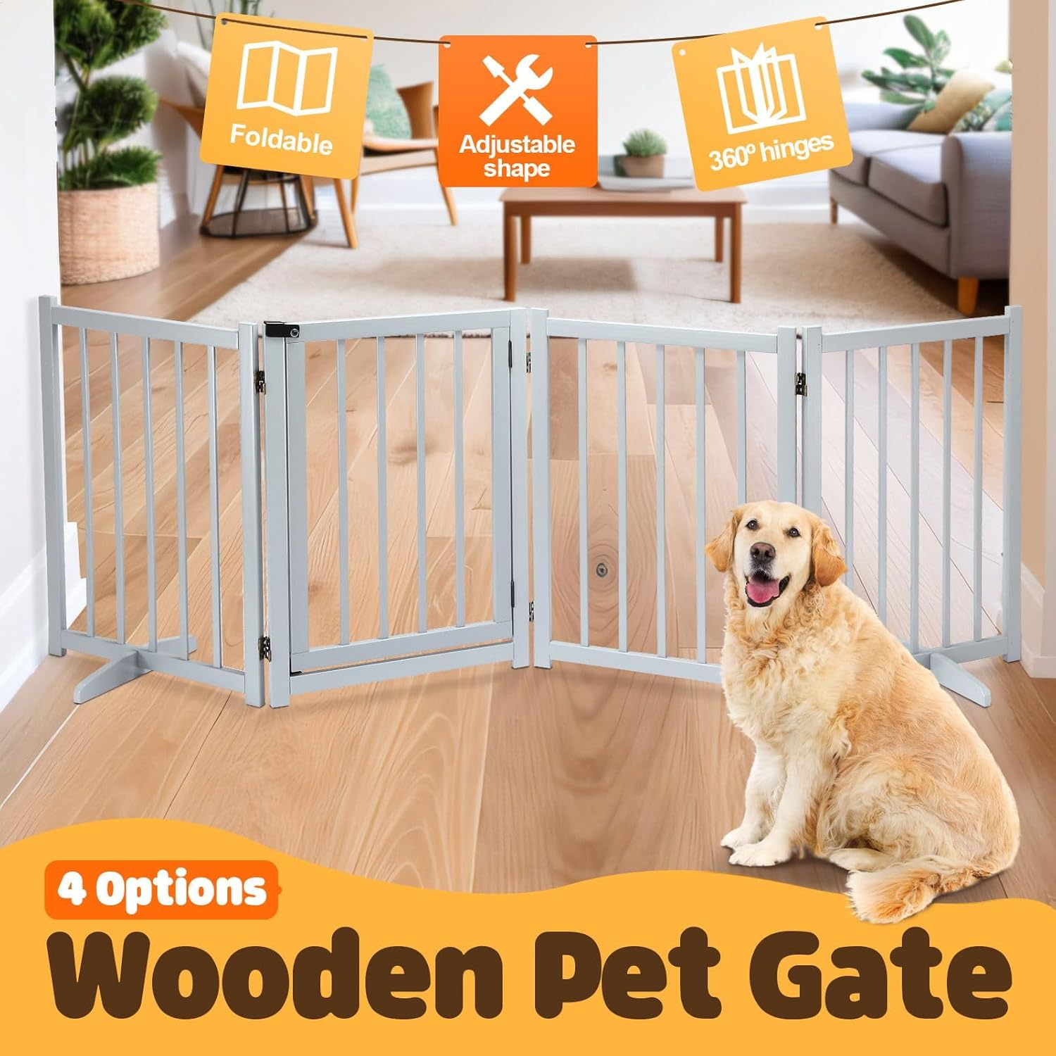 4 Panels Freestanding Wooden Pet Safety Gate,Foldable Puppy Dog Fence Safety Guard,Indoor Pet Playpen Pet Barrier Protection Net Stair Partition,Grey image number 2