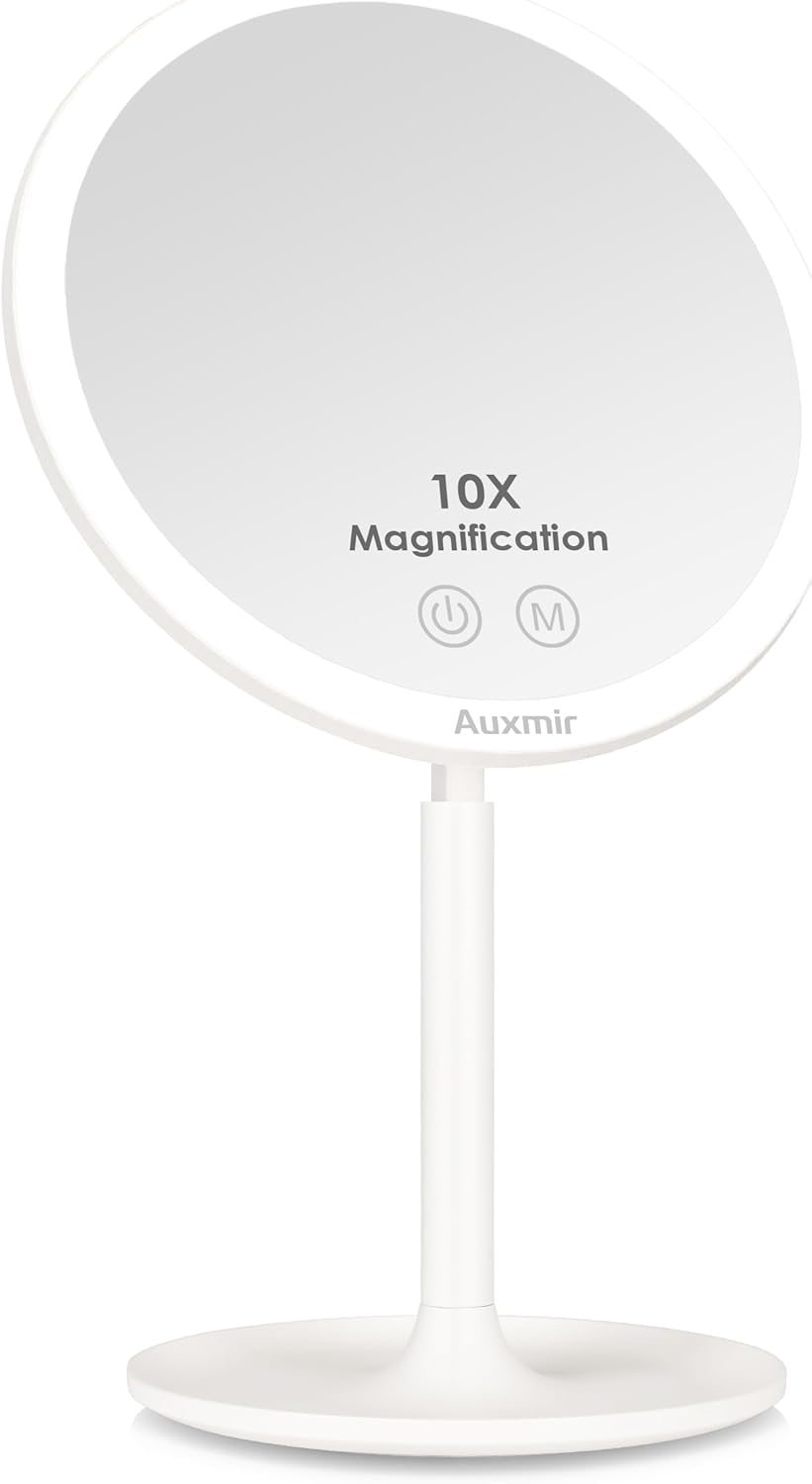 Auxmir Cosmetic Mirror LED Illuminated 10X Magnification Makeup Mirror Touch Switch with 46 Leds 3 Light Colours and Dimmable Brightness USB Rechargeable Makeup Mirror 90&deg; Swivelling for Make-Up image number 1