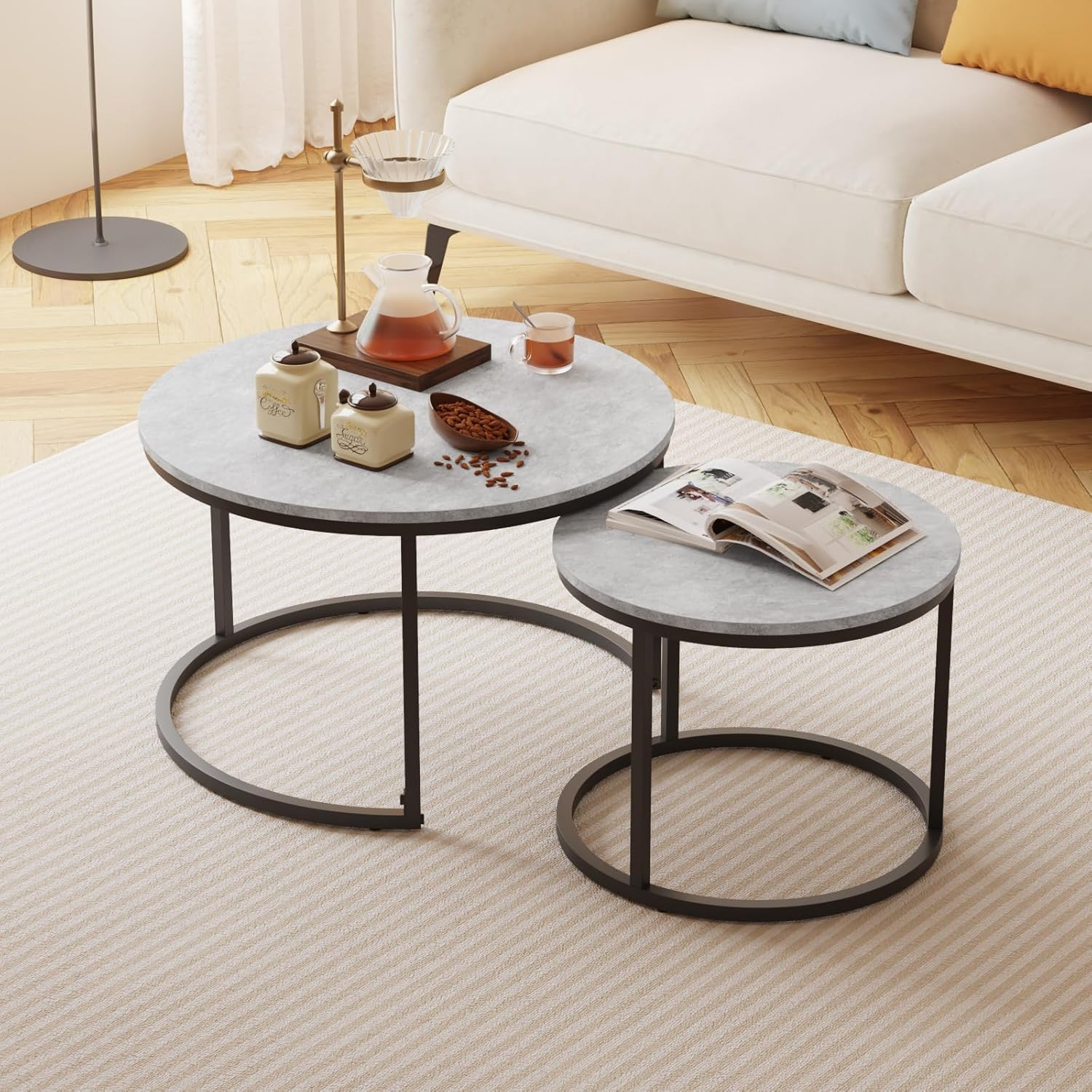 Round Coffee Table, Modern Marble Effect Nesting Table Set of 2 with Metal Frame for Living Room Balcony and Small Space