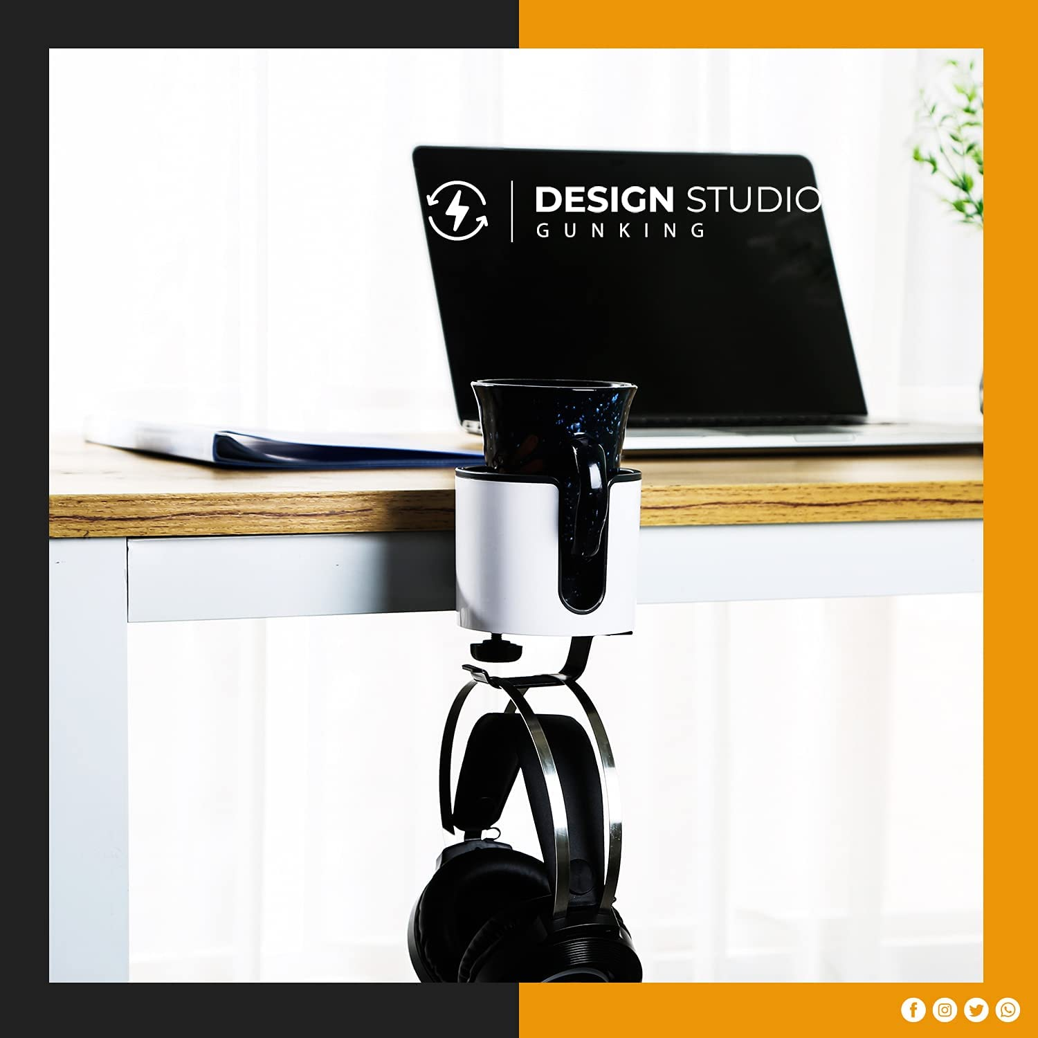 Luxury 2-In-1 Anti-Spill Desk Cup Holder with under Desk Headphone Hanger Drink Holder (White) image number 6