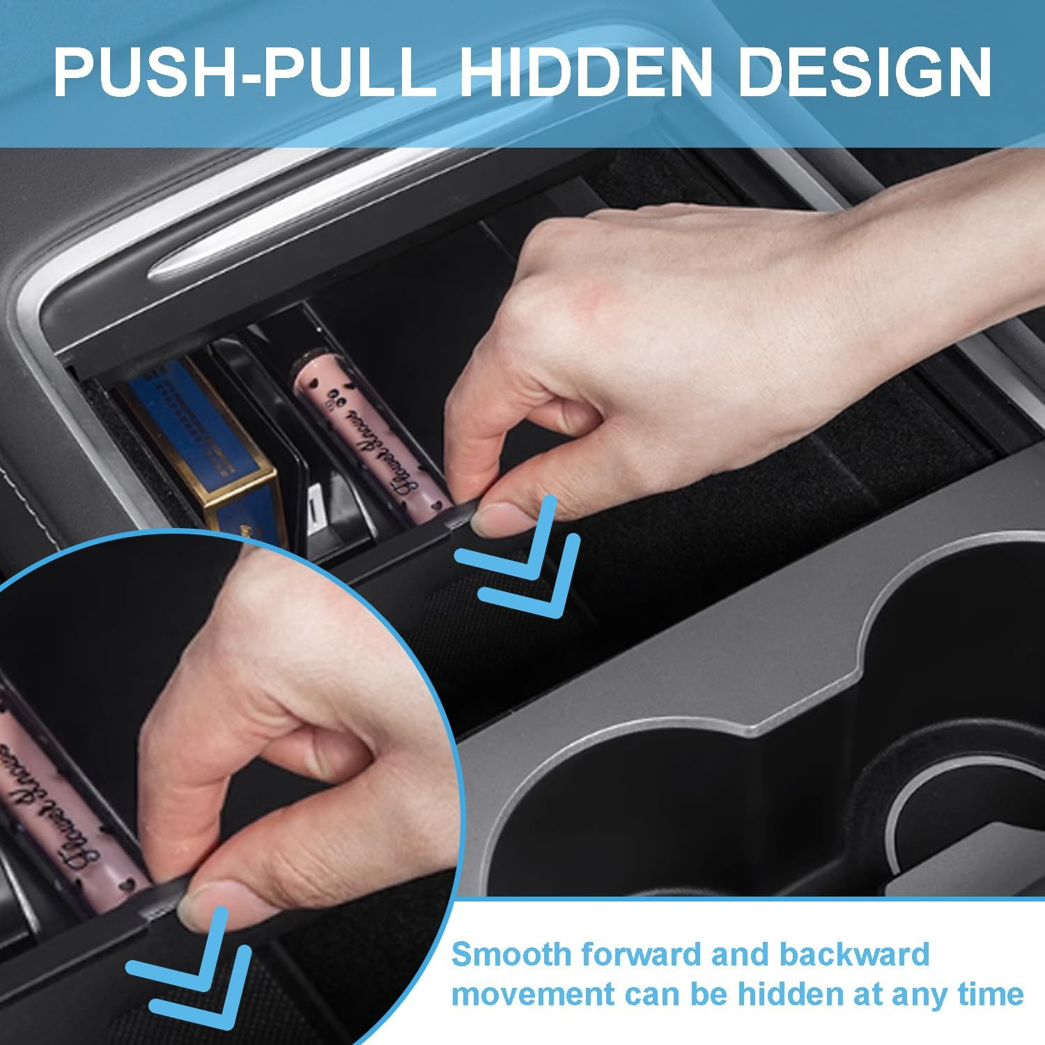 Yotsuba 4-Pack Center Console Organizer Tray Compatible for Tesla Model 3 Model Y Accessories 2021-2025 April, 1PC Armrest Hidden Cubby, 2PCS Flocked Drawer Storage Boxes, 1PC Silicone Cup Holder image number 4