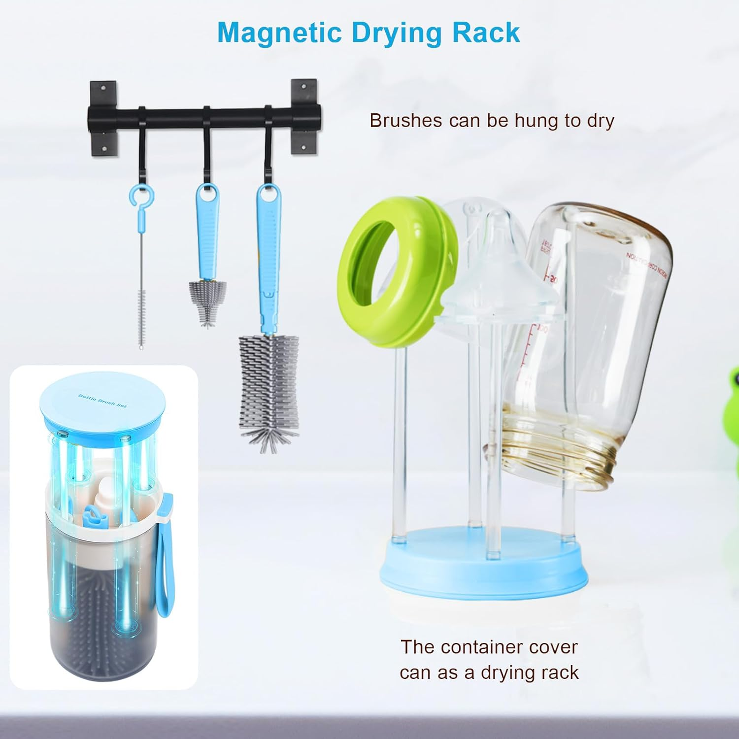 Travel Bottle Cleaner Kit, Baby Bottle Brush Set with Extendable Liquid Silicone Brush, Nipple Brush, Straw Brush, Drying Rack, Bottle Soap Dispenser, Baby Bottle Scrubber Brush for New Mom - Blue image number 4