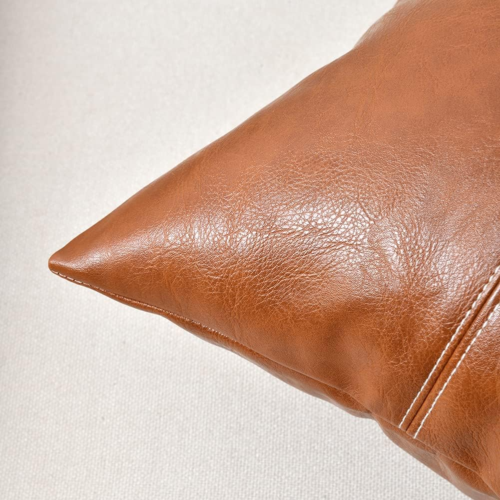 Fancy Homi Brown Boho Lumbar Faux Leather Decorative Throw Pillow Covers 12X20 Inch for Living Room Couch Bed Sofa, Hand Stitched Rectangle Cushion Case 30X50 Cm, Rustic Modern Farmhouse Home Decor image number 3