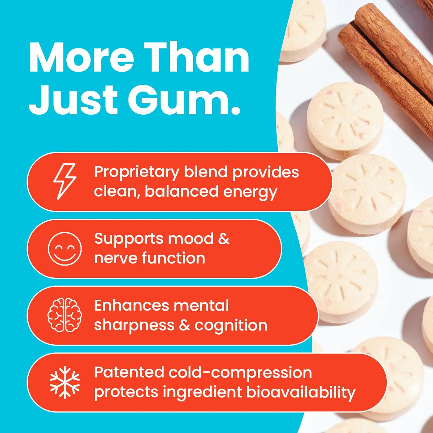 Neurogum Energy Caffeine Gum (54 Pieces) - Sugar Free with L-Theanine + Natural Caffeine + Vitamin B12 & B6 - - Keto & Vegan, Cinnamon Flavor image number 3