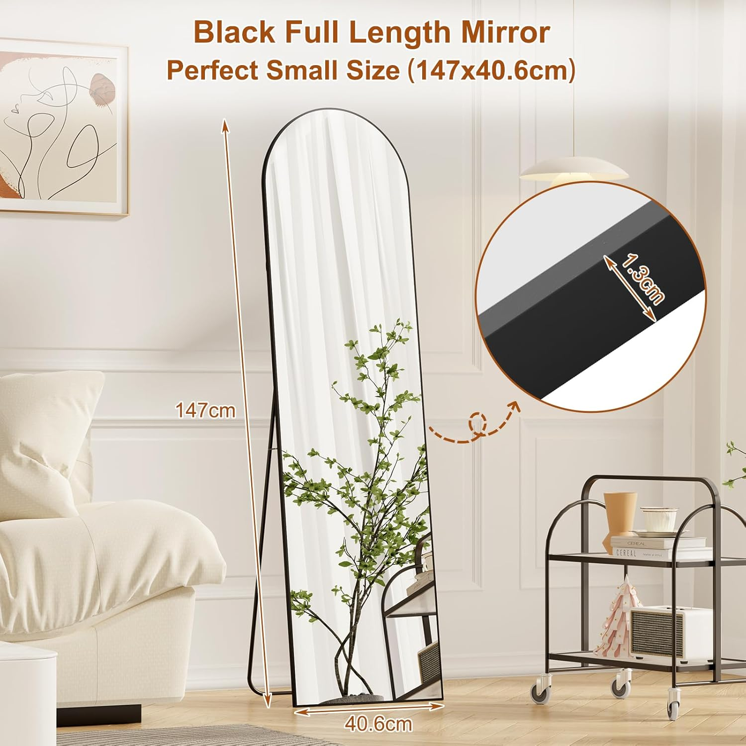 ZHUNFA Arched Full-Length Mirror, 148X40 Centimeter, Full-Length Mirror Wall-Mounted, Aluminum Alloy Frame Home Decor,Black. image number 2