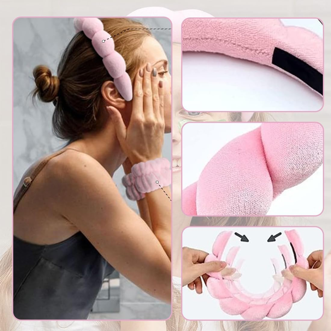 JRYXDS Spa Headband for Washing Face Wristband Set Soft Sponge Skin Care Headband Hair Accessories for Washing Face Make up Remover Shower Skin Care (Pink) image number 4