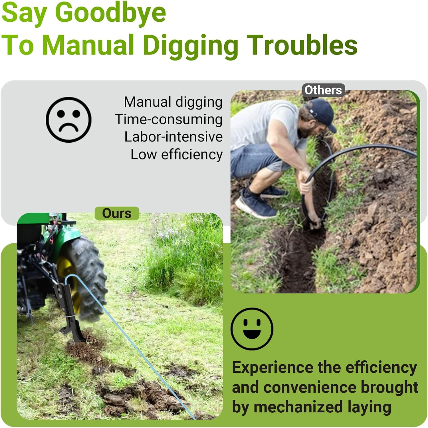 Pipe Layer Attachment and Hitch Mounted Trencher Two-In-One Set, Updated 1.37" Lexible Pipe Layer Fits Any 3-Point Ripper Hitch Lawn Subsoiler for ATV UTV Tractor