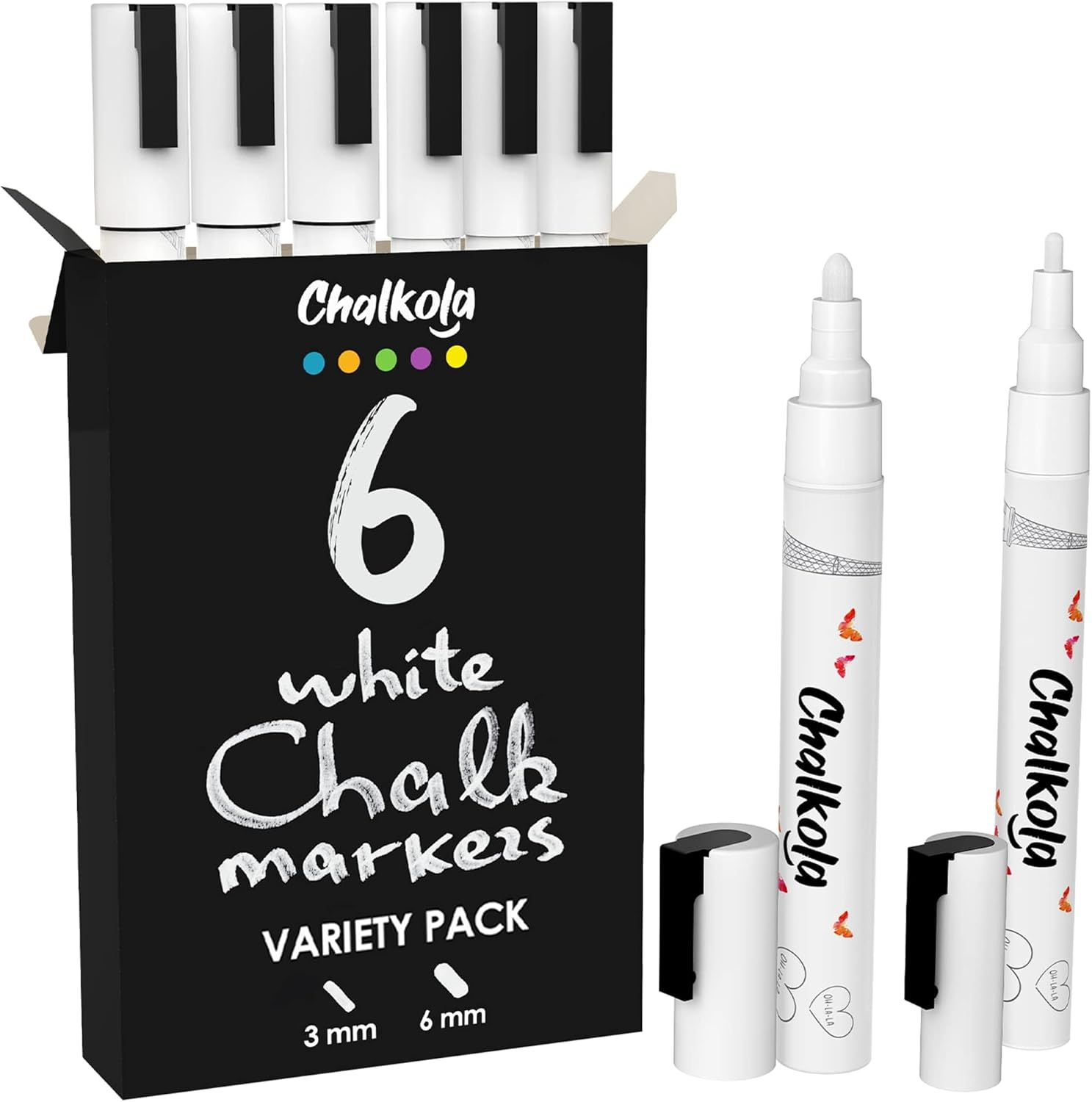 Chalkola 6 White Liquid Chalk Markers - White Dry Erase Liquid Chalk Pens for Chalkboard Signs, Blackboard, Car Window, Glass, Bistro | Variety Pack - (3X) 3Mm Fine Tip + (3X) 6Mm Bold Size Ink Marker image number 3