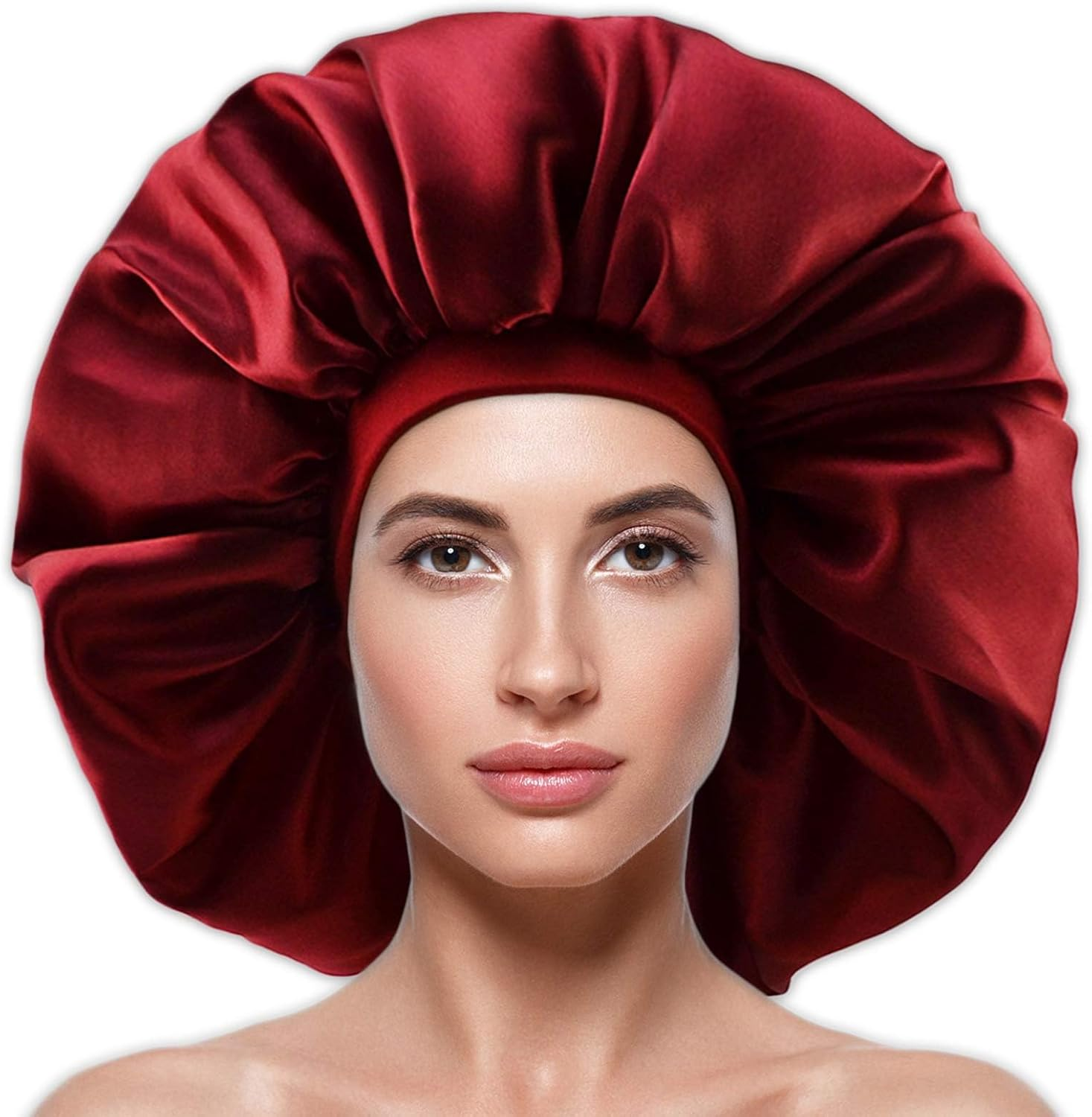 Large Silky Satin Bonnet Shower Cap for Women, Sleeping Cap with Wide Elastic Band, Soft Satin Night Hat Hair Wrap for Curly Natural Long Hair, Big Satin Head Cover for Sleep (Black+Red)