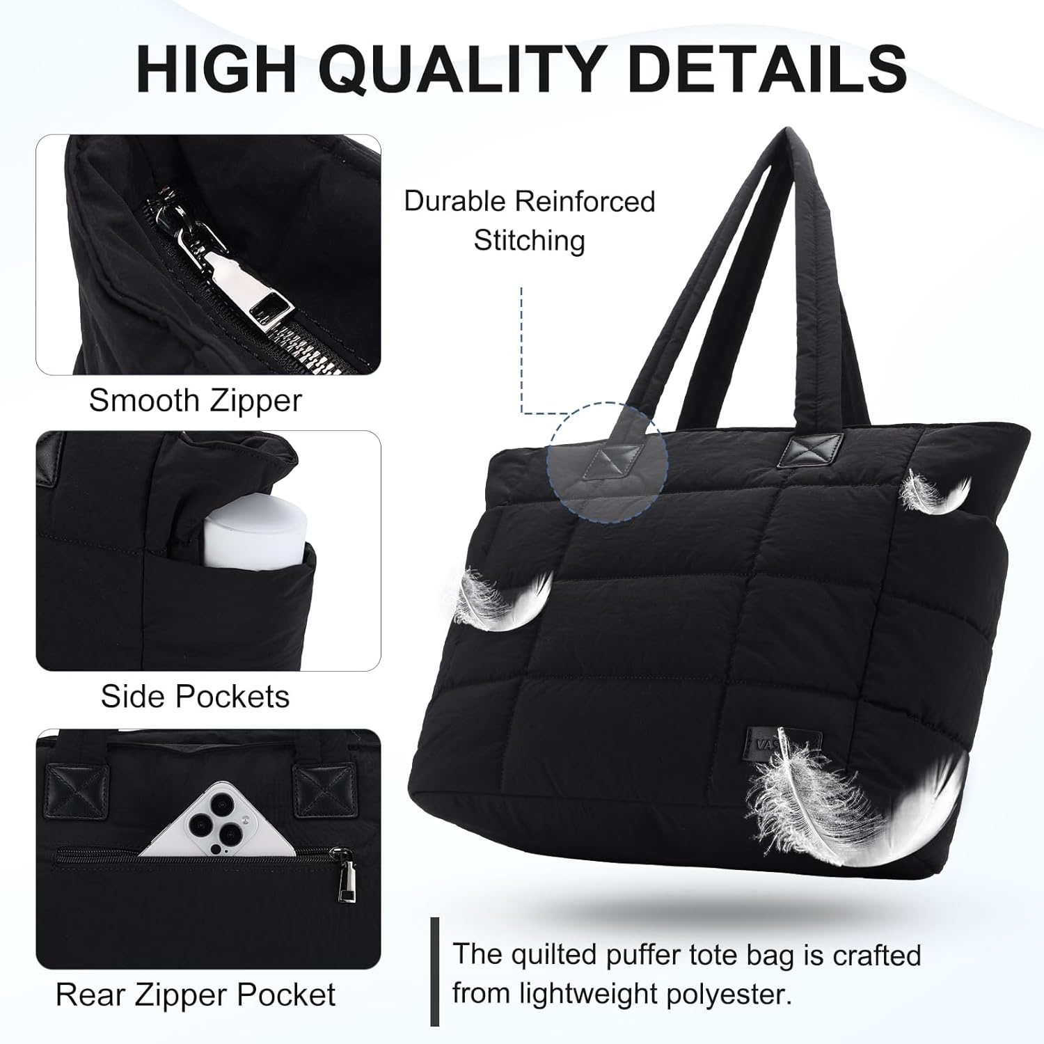 Tote Bag for Women, VASCHY Lightweight Large Quilted Puffer Work Tote with Laptop Compartments Zipper for Casual/Travel/Gym image number 1