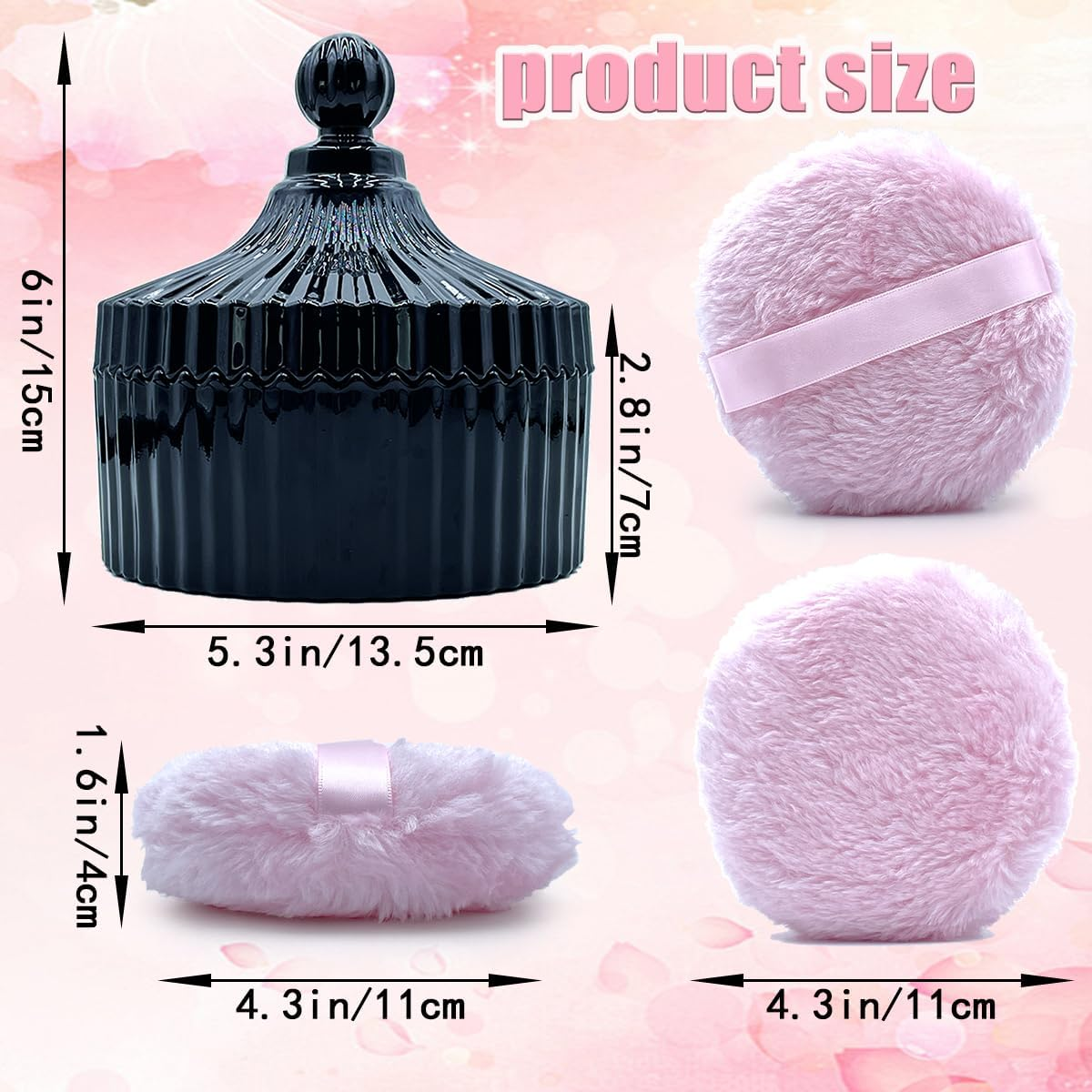 4.3 Inch Fluffy Body Powder Puff & 5.3 Inch Glass Jar Set,Large Dusting Powder Container with Puff,Multi-Purpose Storage Holder Dish,Gothic Decor for Bedroom,Bathroom,Home(Black) image number 5