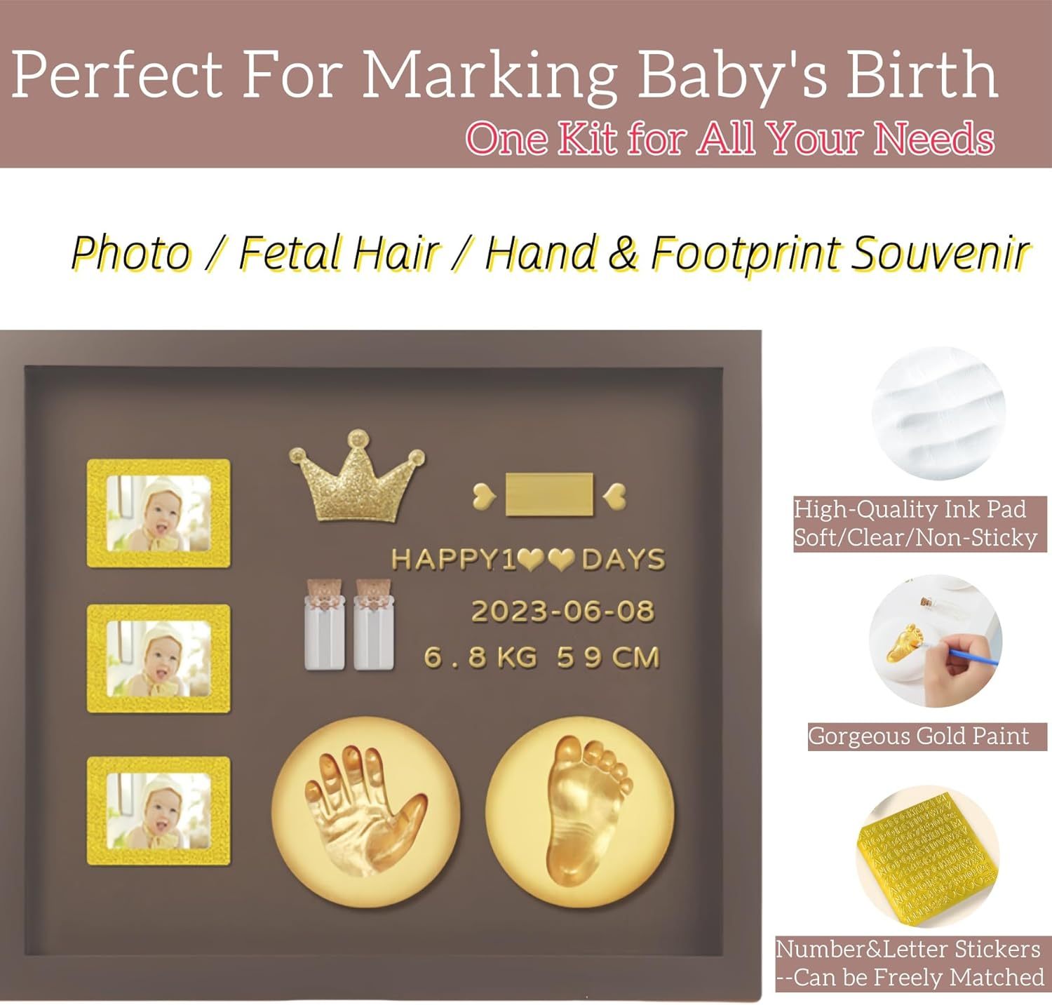 Baby Hand and Footprint Kit with 3 Photo Slots, Golden Ink Pad & Number/Letter Stickers, Non-Toxic Newborn Gift Set for Baby Shower, Nursery Decor, Keepsake Memory Frame