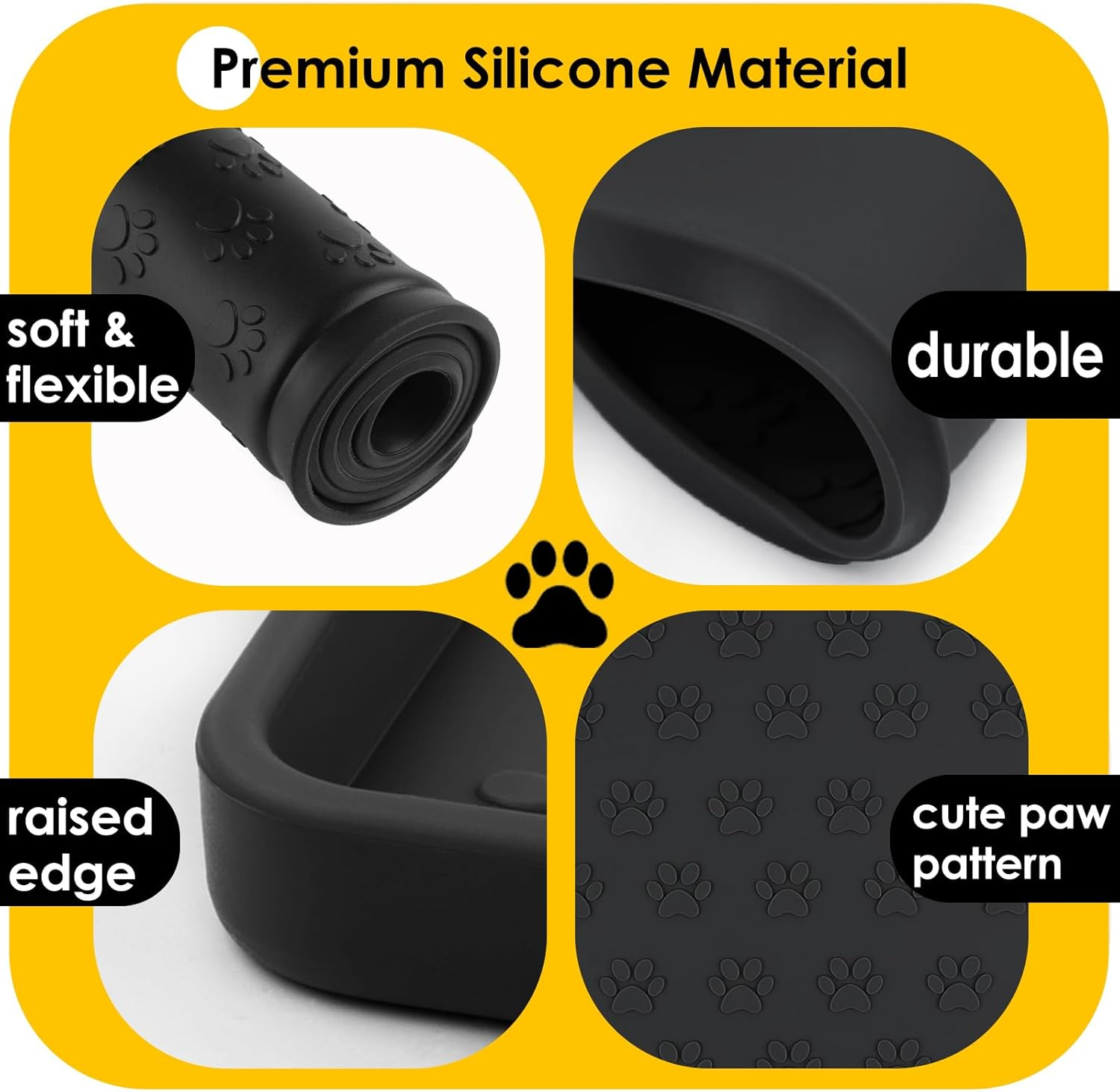 Silicone Dog Cat Food Mat, Waterproof Slip Resistant Raised Edge Pet Feeding Mats, Pet Bowl Mat Anti-Messy and Prevent Spill on Floor, Dishwasher Safe (Black, M: 18.9" X 11.8") image number 1