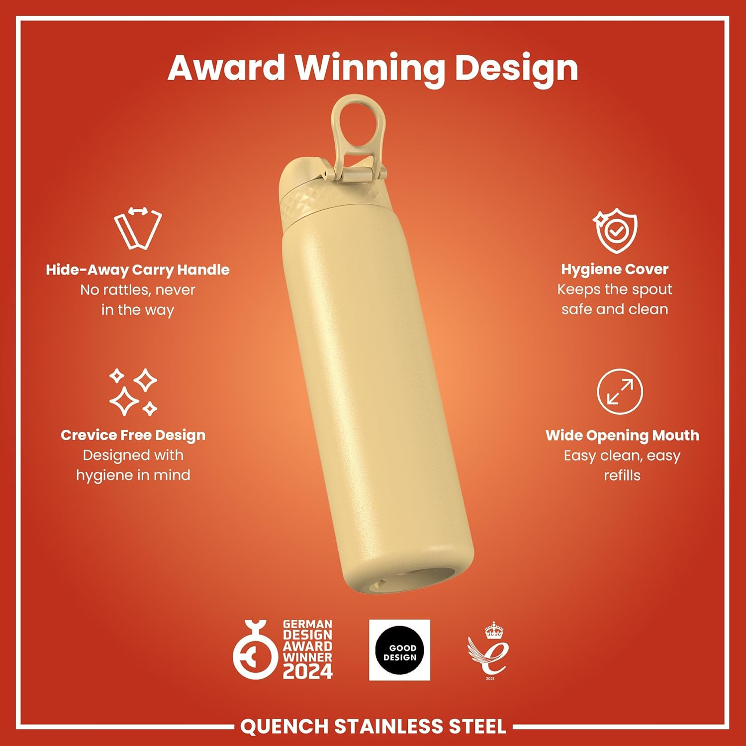 ION8 1 Litre Lightweight Stainless Steel Drinking Bottle, Non-Insulated, Leak-Proof, One-Hand Opening, Secure Locking, Dishwasher Safe, Flip Lid, Carry Handle, Easy to Clean, Desert - Cream White image number 6