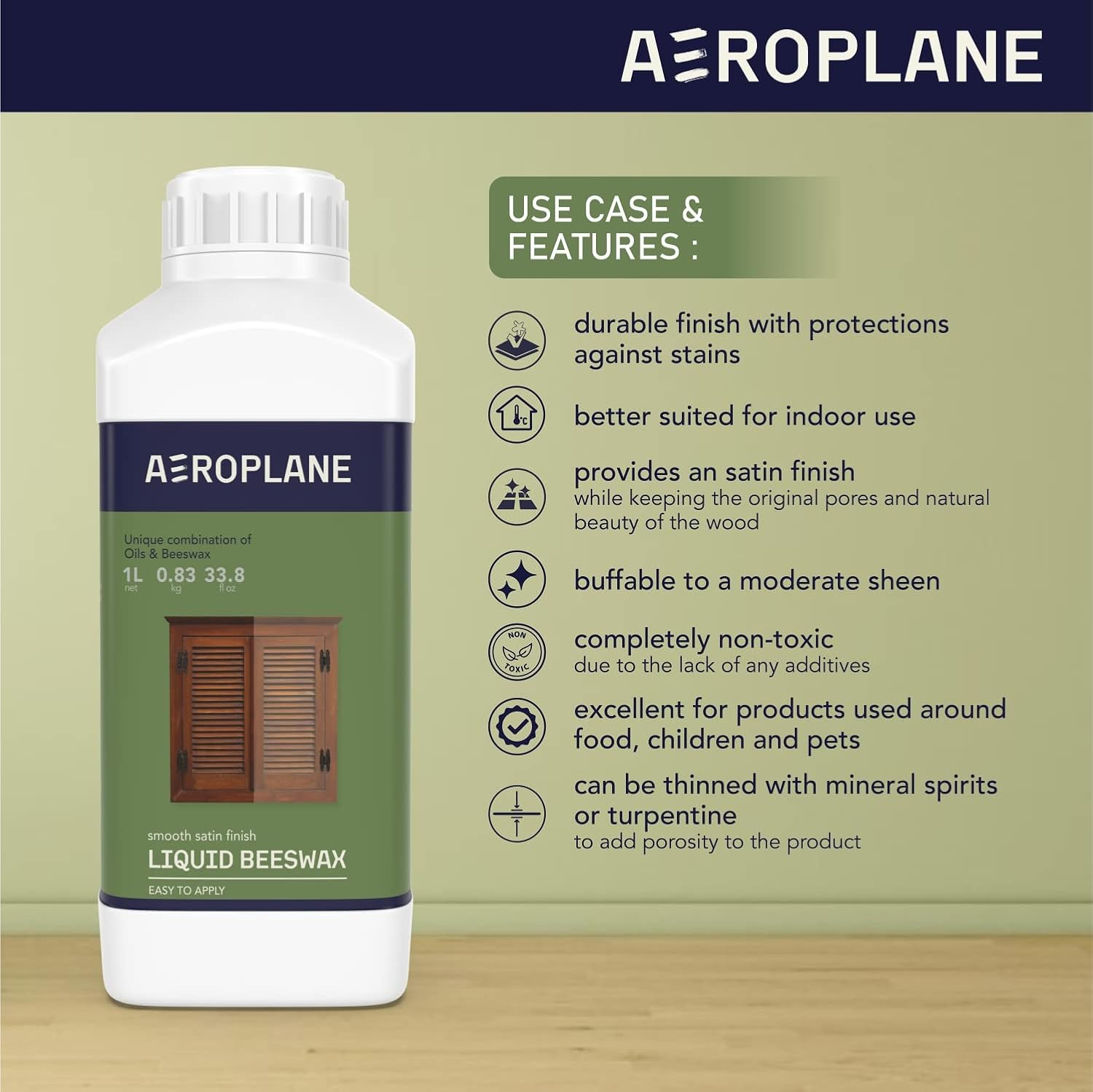 AEROPLANE - Liquid Beeswax - VOC Free & Non-Toxic Beeswax Wood Conditioner | 1 LTR image number 1