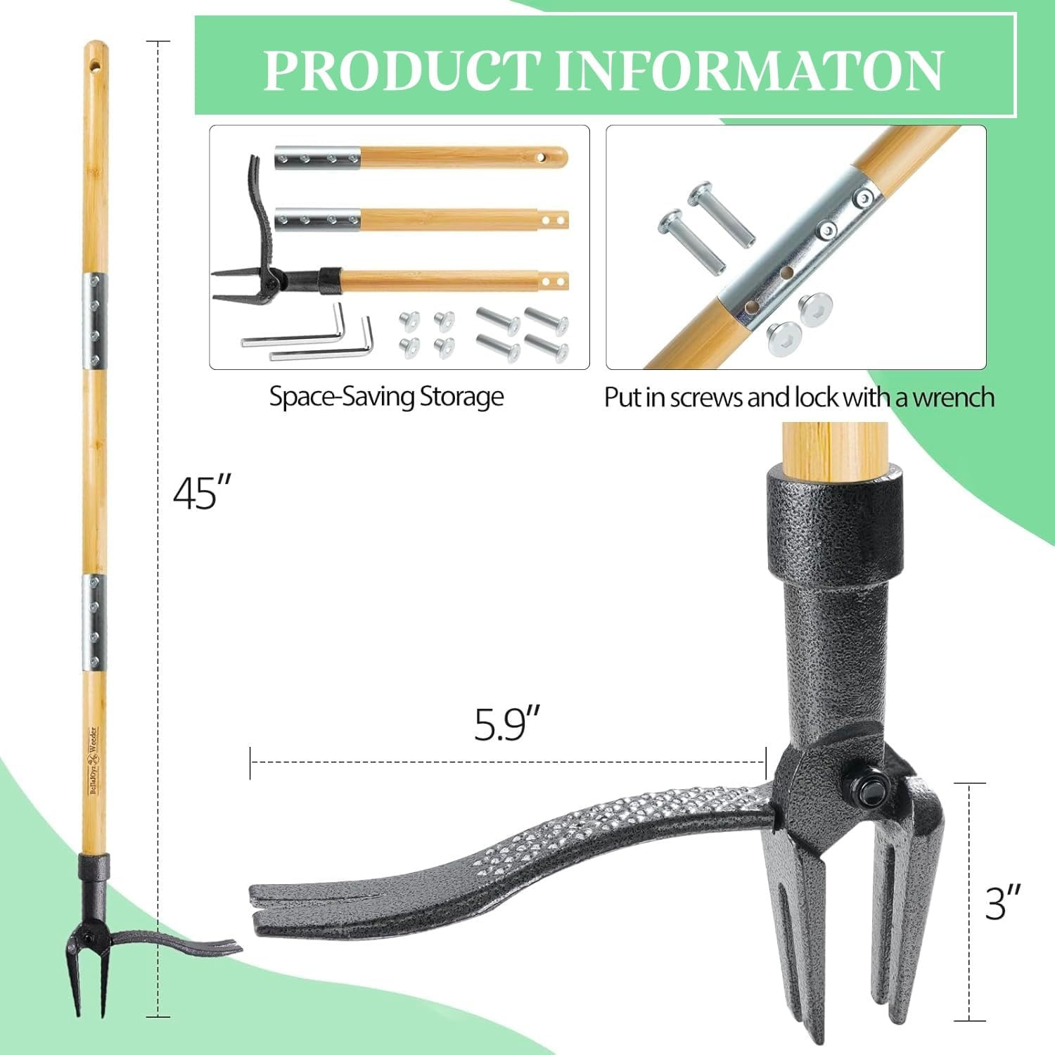 Lawn Mower - Long-Handle Manufacturing - Standing Lawn Mower Tool, Genuine Bamboo and 4-Claw Steel Head image number 1