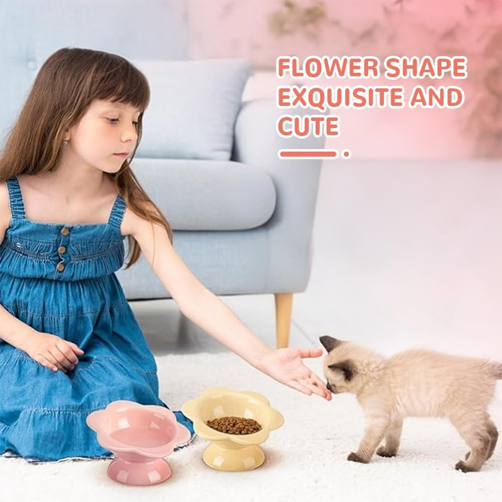 2 Piece Ceramic Cat Bowl, Flower Shaped Cat Food Bowl, Raised Slanted, Protect Spine, Suitable for Cats, Puppies, Rabbits, Small Animals (Pink, Yellow) image number 5