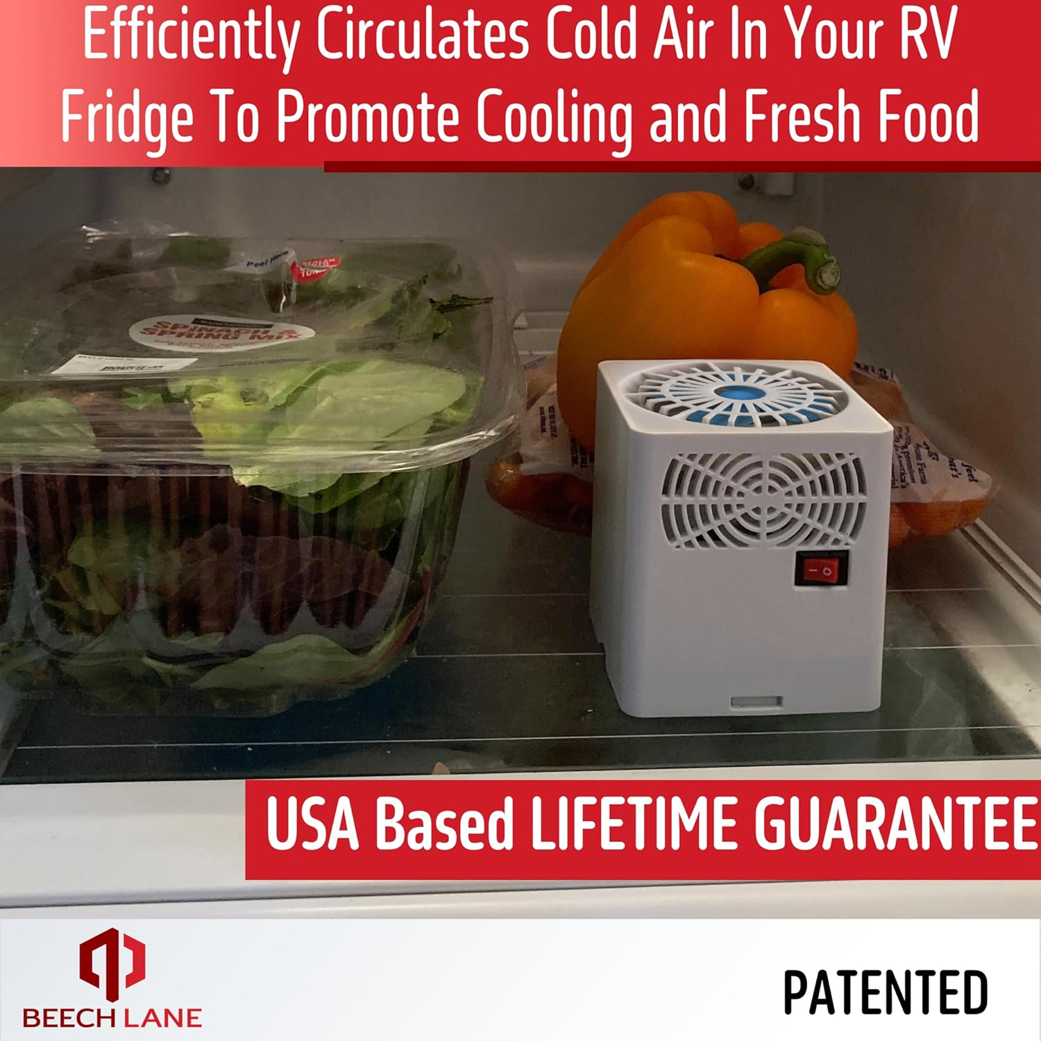 Beech Lane RV Fridge Fan, Patented, High Power 3,000 RPM Motor, Easy on and off Switch, Multiple Side Vents Increase Airflow, Durable Construction, Efficiently Cools Refrigerator (Natural) image number 2