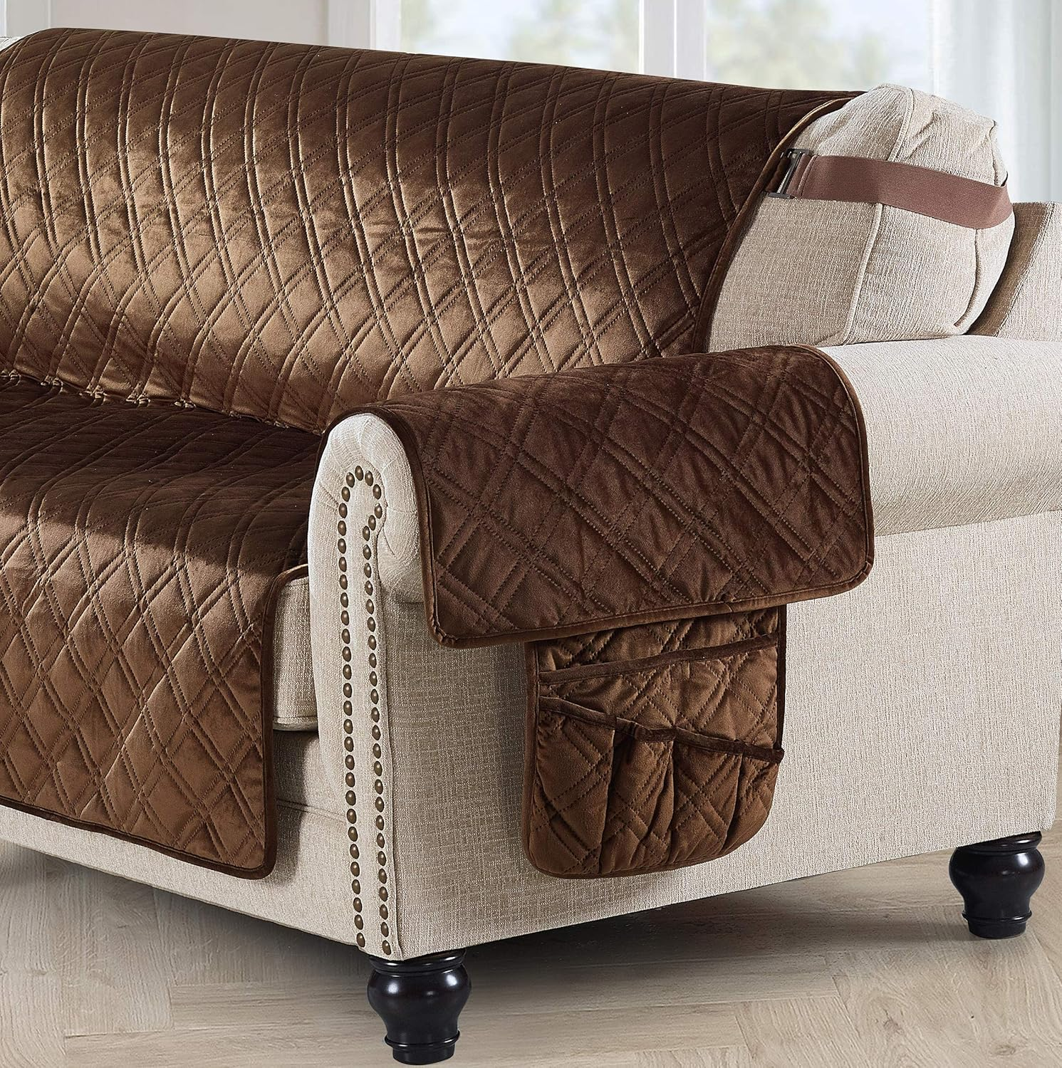 Brilliant Sunshine Chocolate Velvet Couch Armrest 5 Pockets Organizer, Slip Resistant Recliner Armchair Caddy, Washable Remote Controls Holder, Storage for Magazine, Tablet, Ipad, 35&times;13", Chocolate image number 2