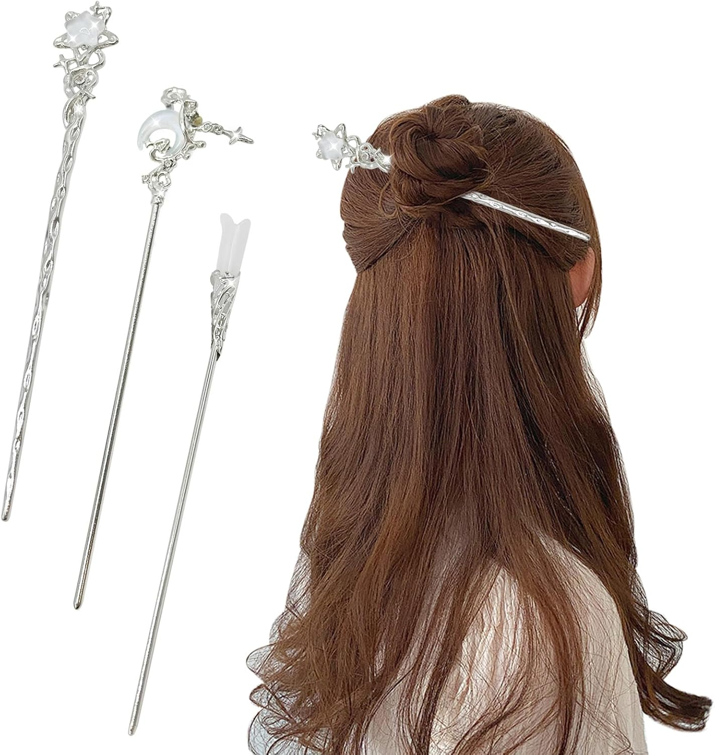 BRDXOOL Pack of 3 Women'S Hair Pins Star and Moon Hair Pins Long Hair Pin Sets Simple Hair Pins Retro Hair Pins Metal Silver Hair Pins for Girls Gifts