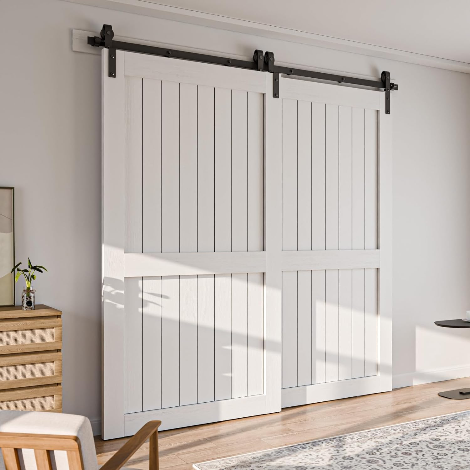 Sliding Door Hardware Bypass Double Door 173 Cm Sliding Door System Complete Set Walker Rail Wheels Set Black for 2 Wooden Doors 80 Cm Wide J Shape image number 1