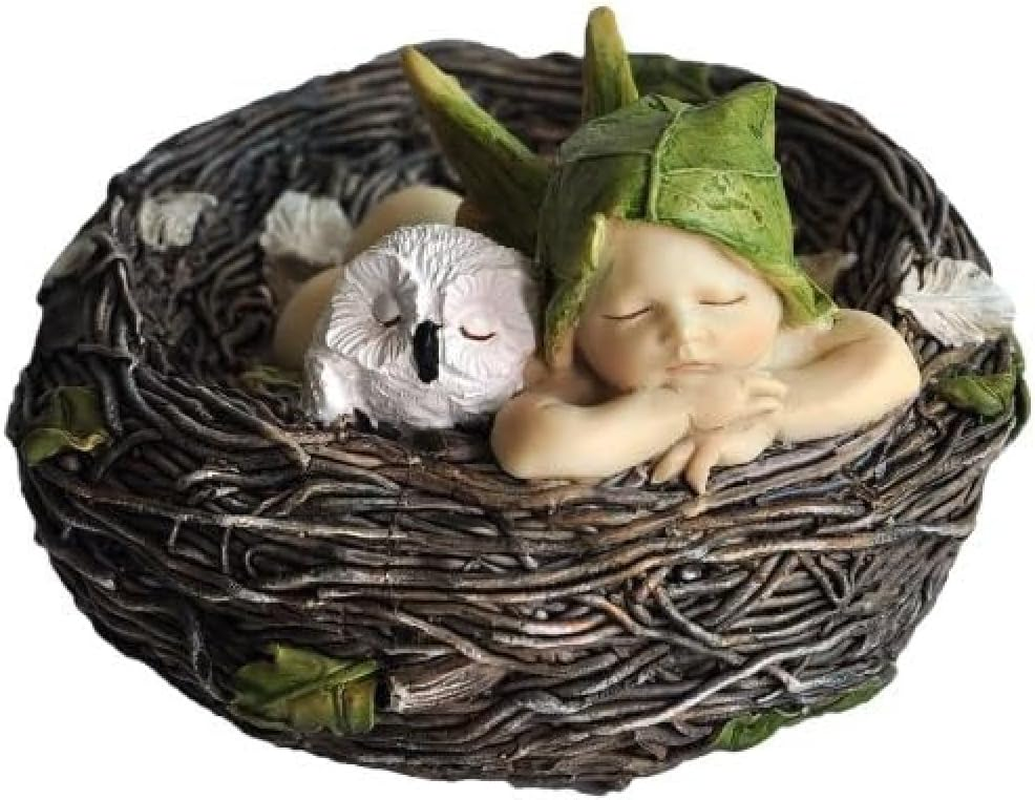 Top Collection 4202 Sleeping Fairy Baby with Owl in Nest Figurines, White, Brown, Cream, Green image number 1
