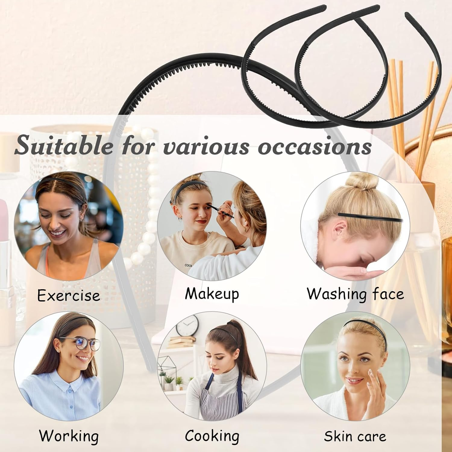Xoelle Pack of 5 Black Headbands, Wide Headbands, Women'S Hair Band, Girls' Hair Band, Non-Slip Plastic, Non-Slip with Prongs, Elegant, Simple Headbands for Hairstyles, Decorative (Width 1.2 Cm) image number 3
