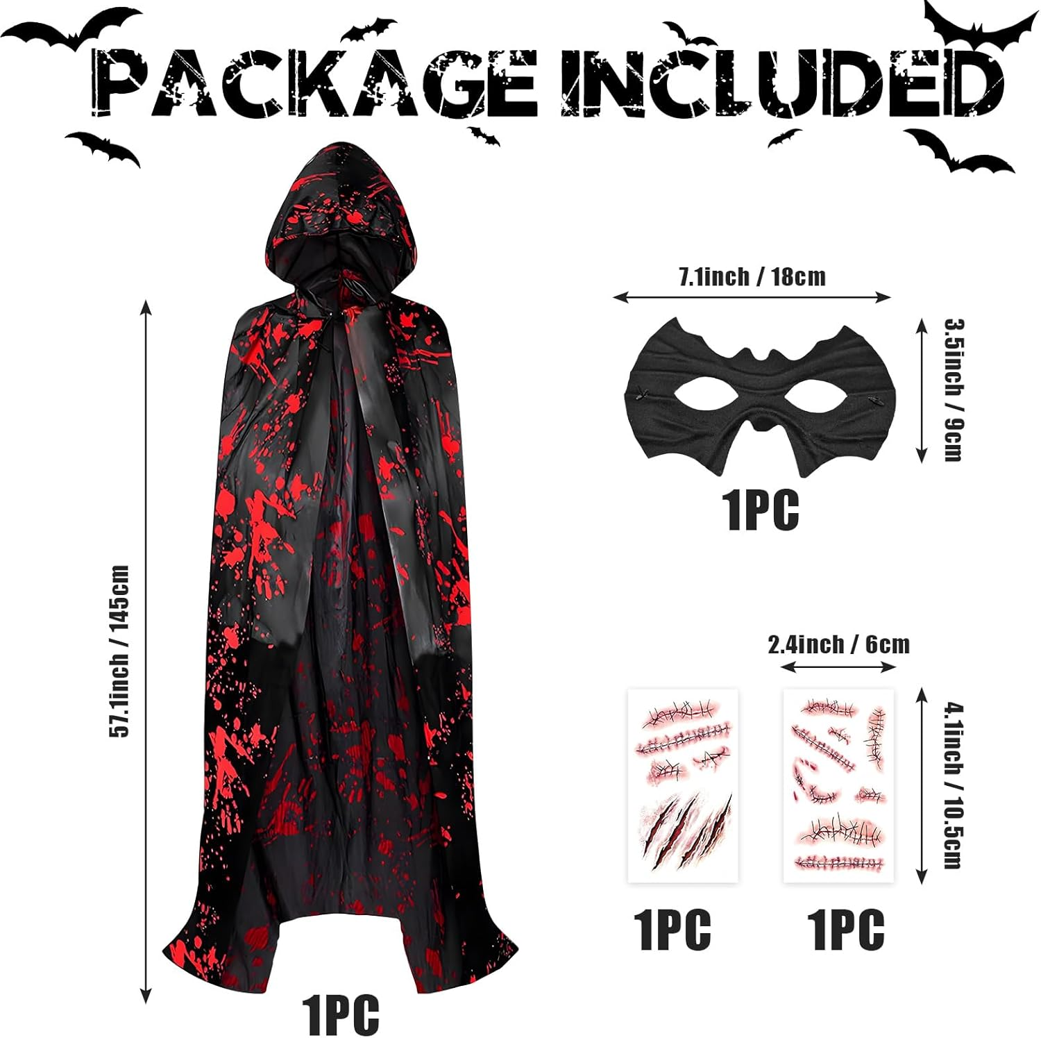 Adult Halloween Vampire Witch Cloak + Mask + Tattoo Stickers 2 Pieces (Style A, One Size) image number 2